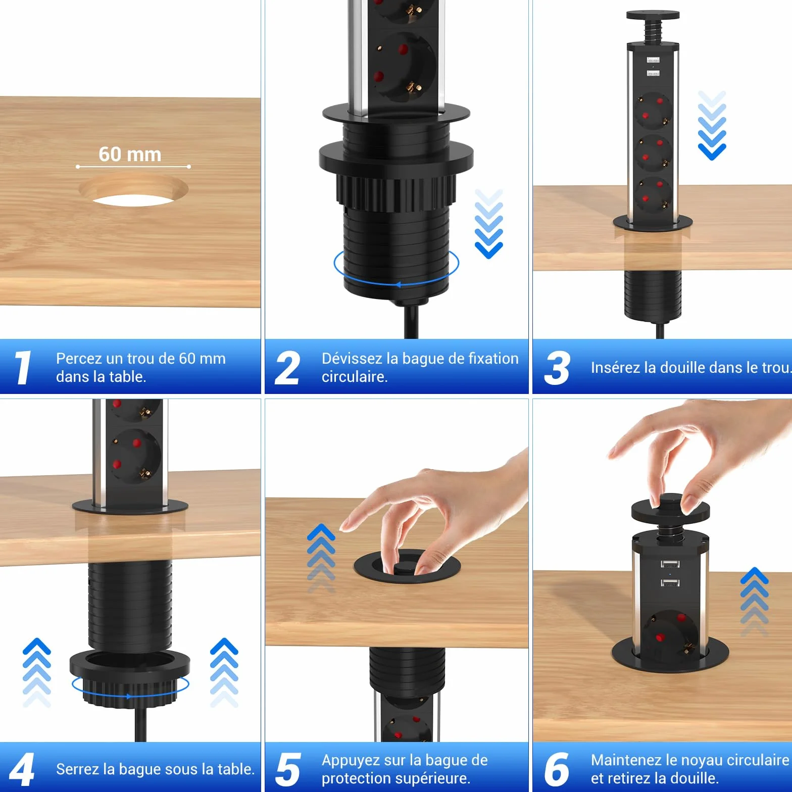 Multiprise Encastrable Bloc 3 Prises EU 2 USB Diamètre 60mm Câble 1,8m Prise Escamotable Noir