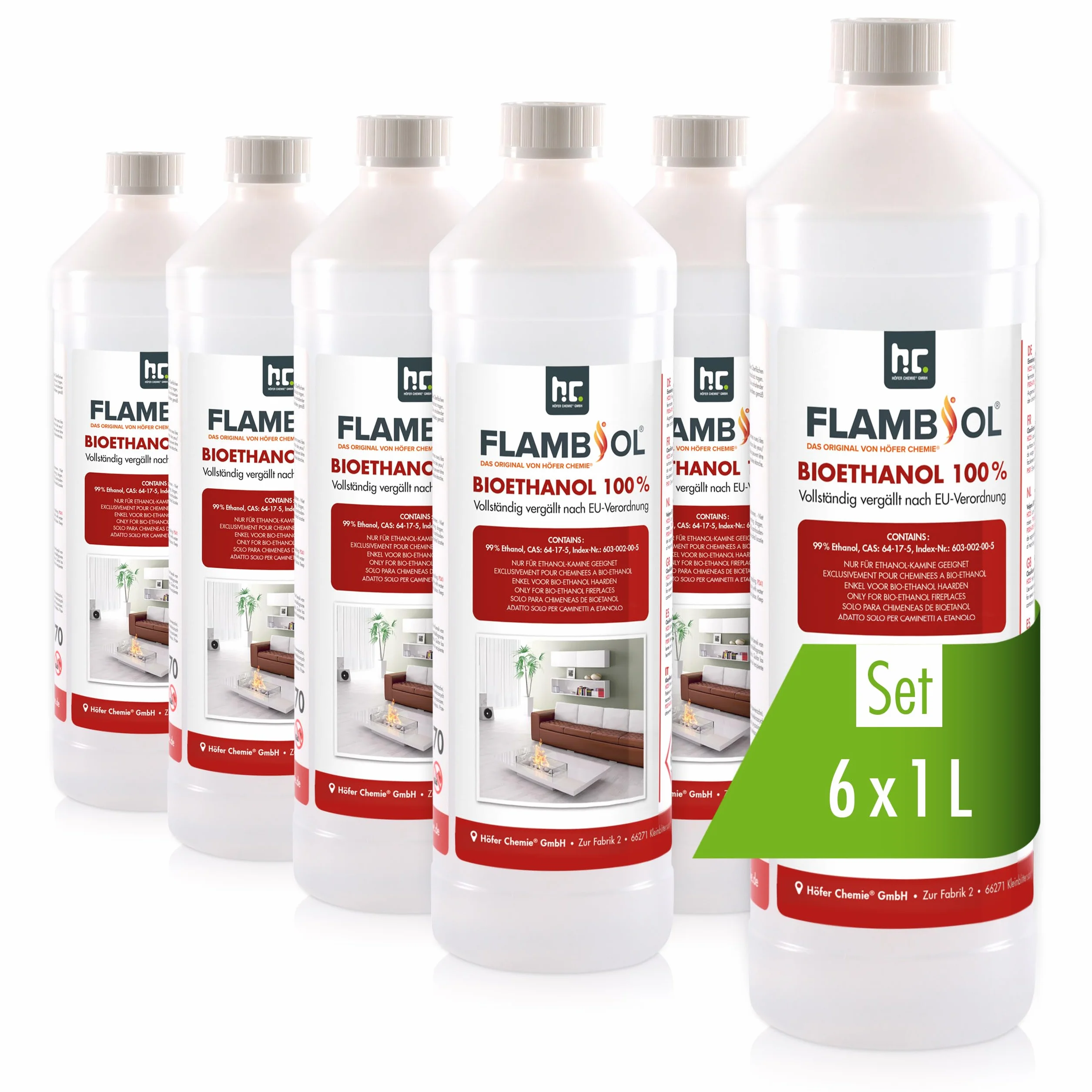 Höfer Chemie FLAMBIOL® Bioéthanol 6 x 1 L Ultra Pur 100% Combustible Écologique pour Cheminées