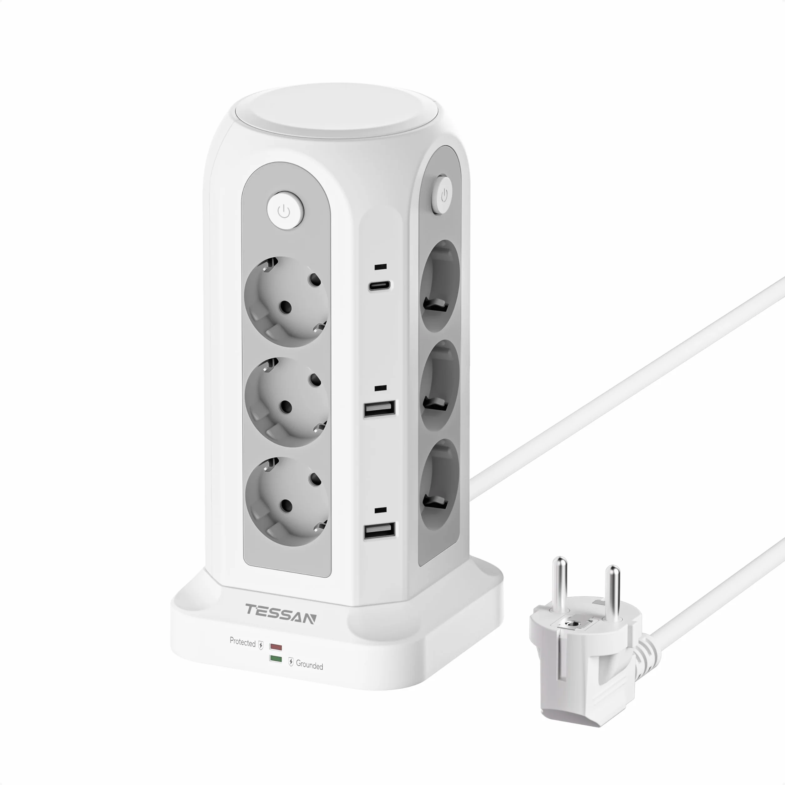 TESSAN Tour Multiprise avec Interrupteur, 12 Prises 6 USB (4A2C) 2m, Parafoudre 3680W Gris