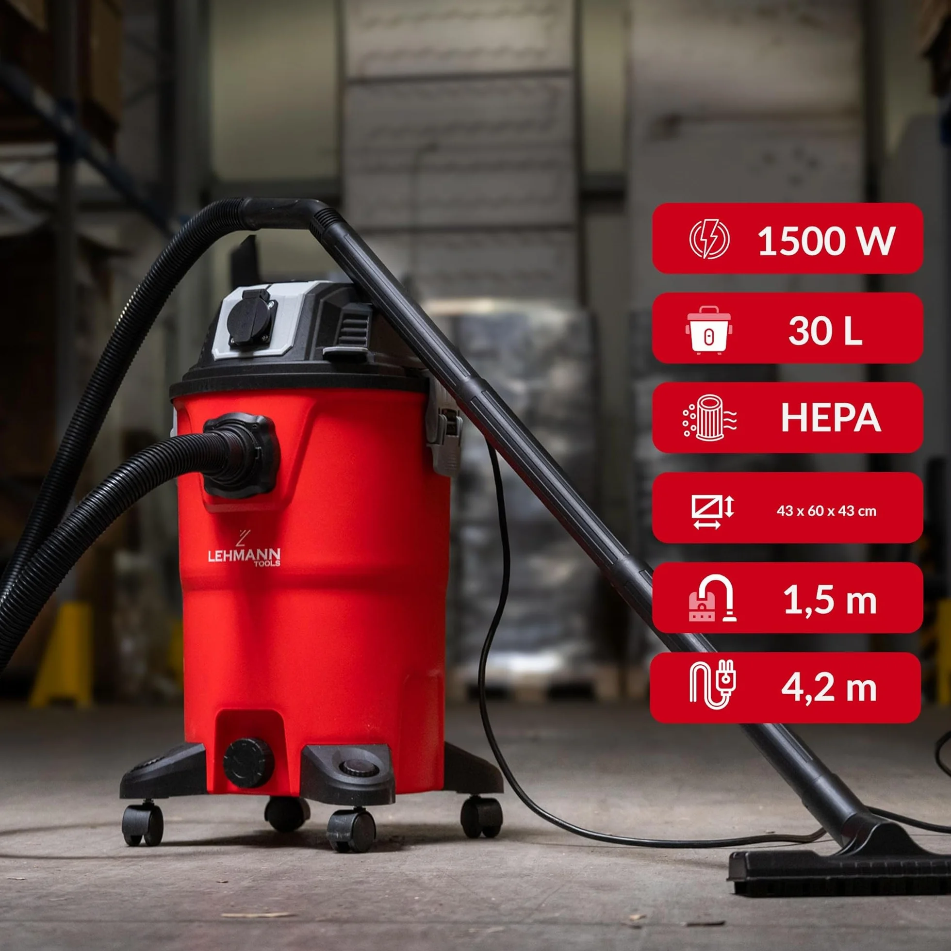 LEHMANN Aspirateur Industriel sans Sac 30L 2000W HEPA Eau et Poussière avec Prise Soufflage Secoueur de Filtre