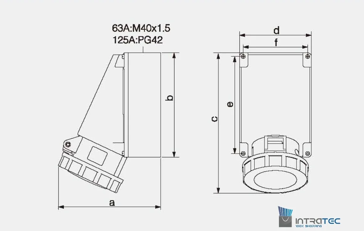Prise murale CEE 63A 400V IP67 5 pôles 6h rouge/gris IEC60309
