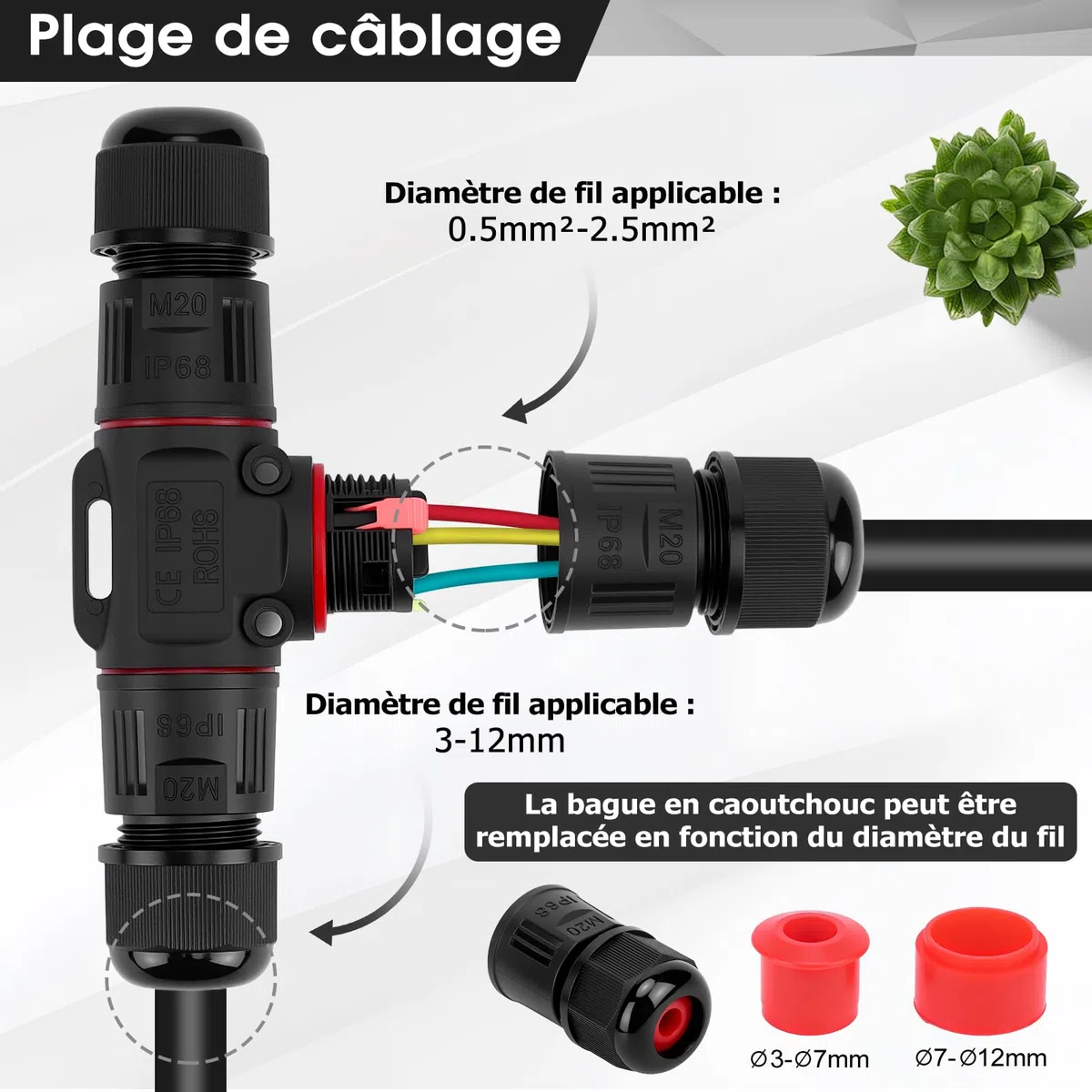 Connecteur Electrique Etanche IP68 3 Fils Forme T Ø3-12mm