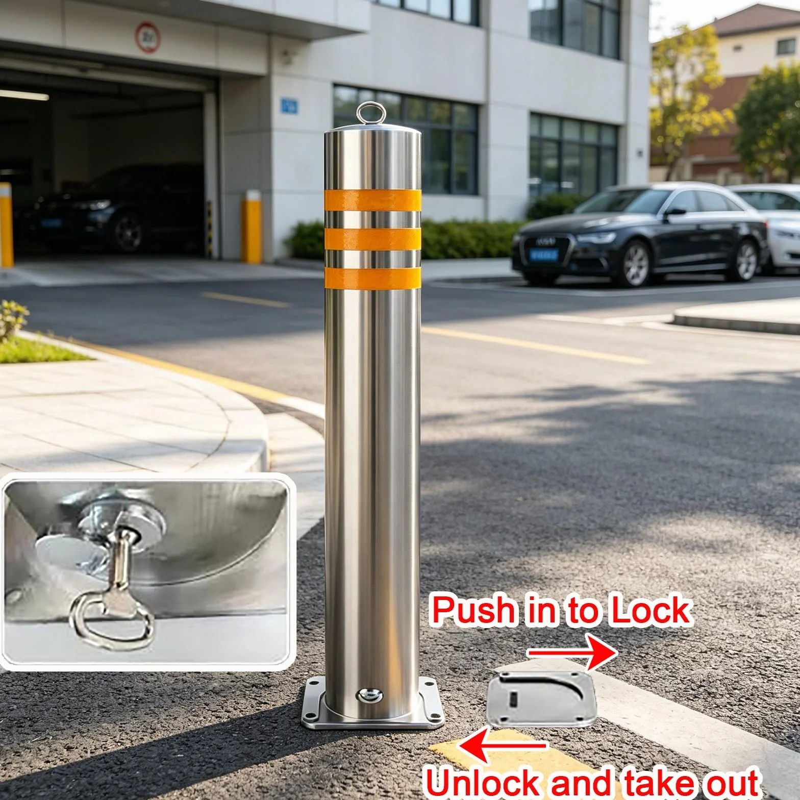 NEONMAN Arceau de Sécurité Amovible en Acier Inoxydable avec Bande Réfléchissante pour Stationnement – 11.4x60cm