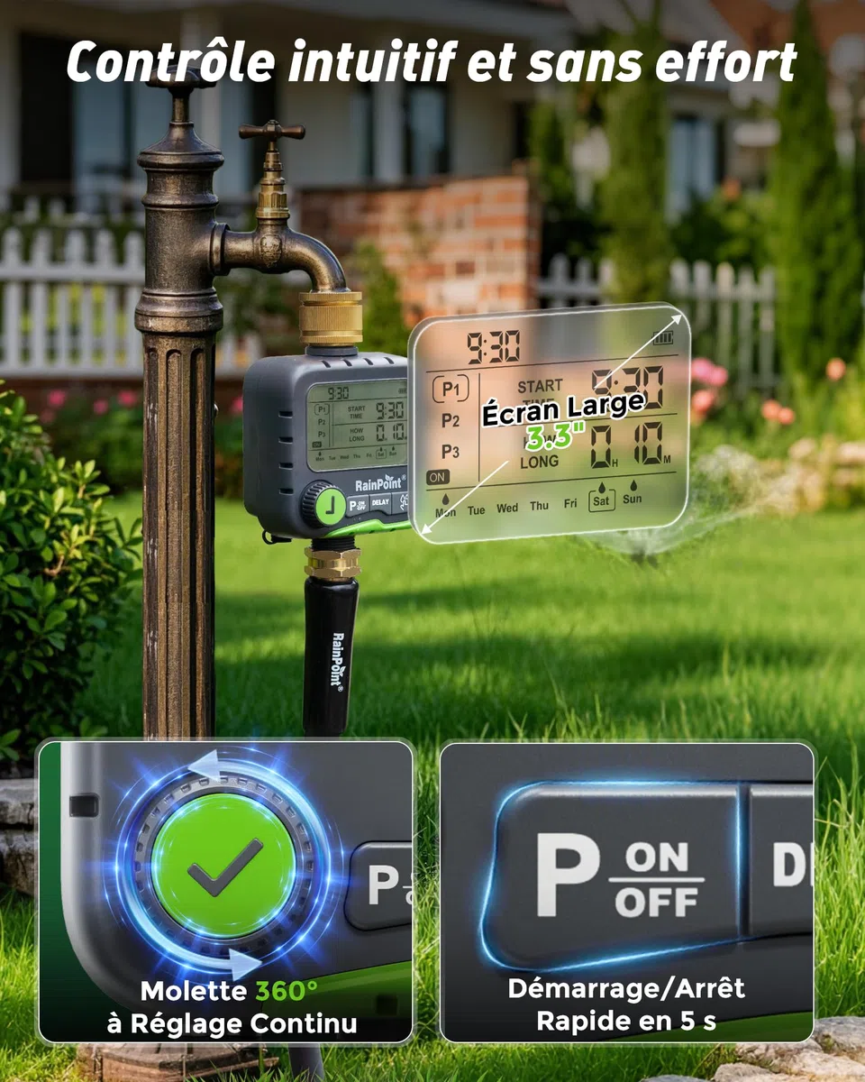 RAINPOINT ITV156 Kit d'arrosage solaire avec minuterie pour robinet de jardin, panneau solaire et 2 piles AA, 3 programmes indépendants