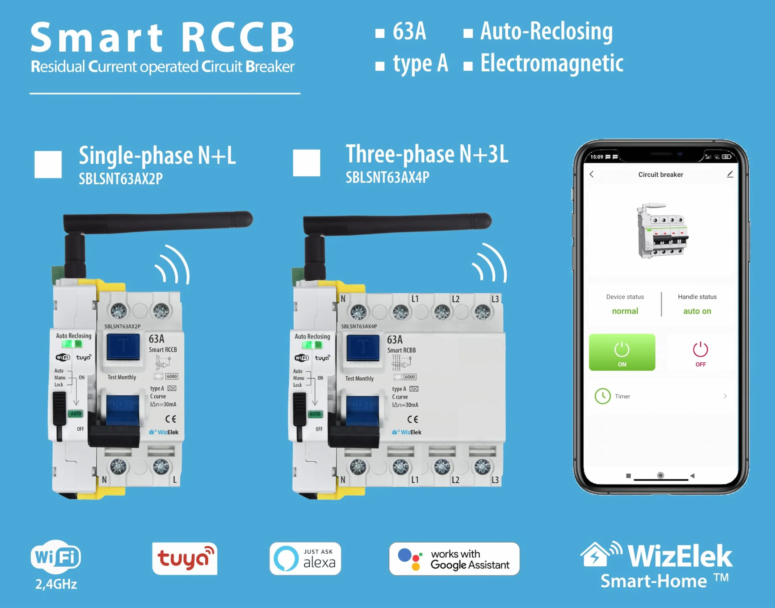 Smart-Home Interrupteur Différentiel Triphasé 4P 30mA Type A & AC 63A 42kW 6kA Connecté Wi-Fi Tuya RCCB EN 61008-1