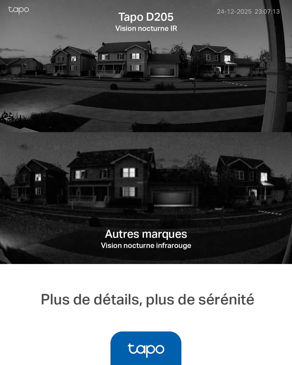 Tapo D205 Sonnette sans fil avec caméra extérieur 2K 3MP IP54 étanche Grand angle 160° Vision Nocturne Détection Humaine AI Audio Bidirectionnel autonomie 180j