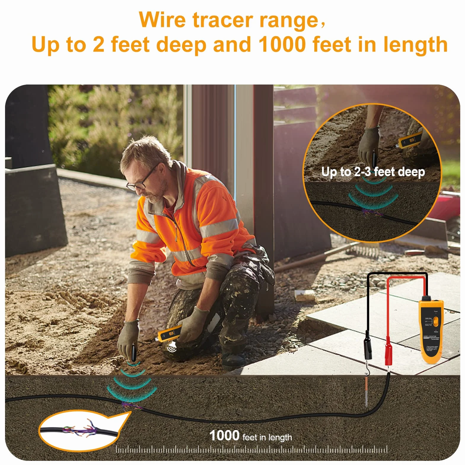 Localisateur de câbles souterrains F02 Wire Tracker testeur de câbles 2-3 pieds 1000 pieds