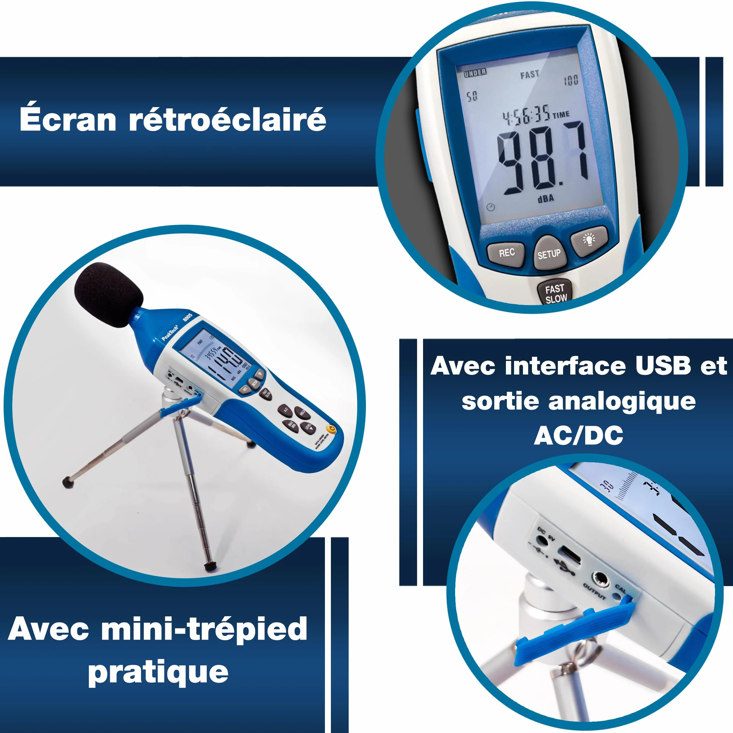 PeakTech 8005 Sonomètre de Classe 2 32000 counts 30-130 dB avec Mémoire et Interface USB