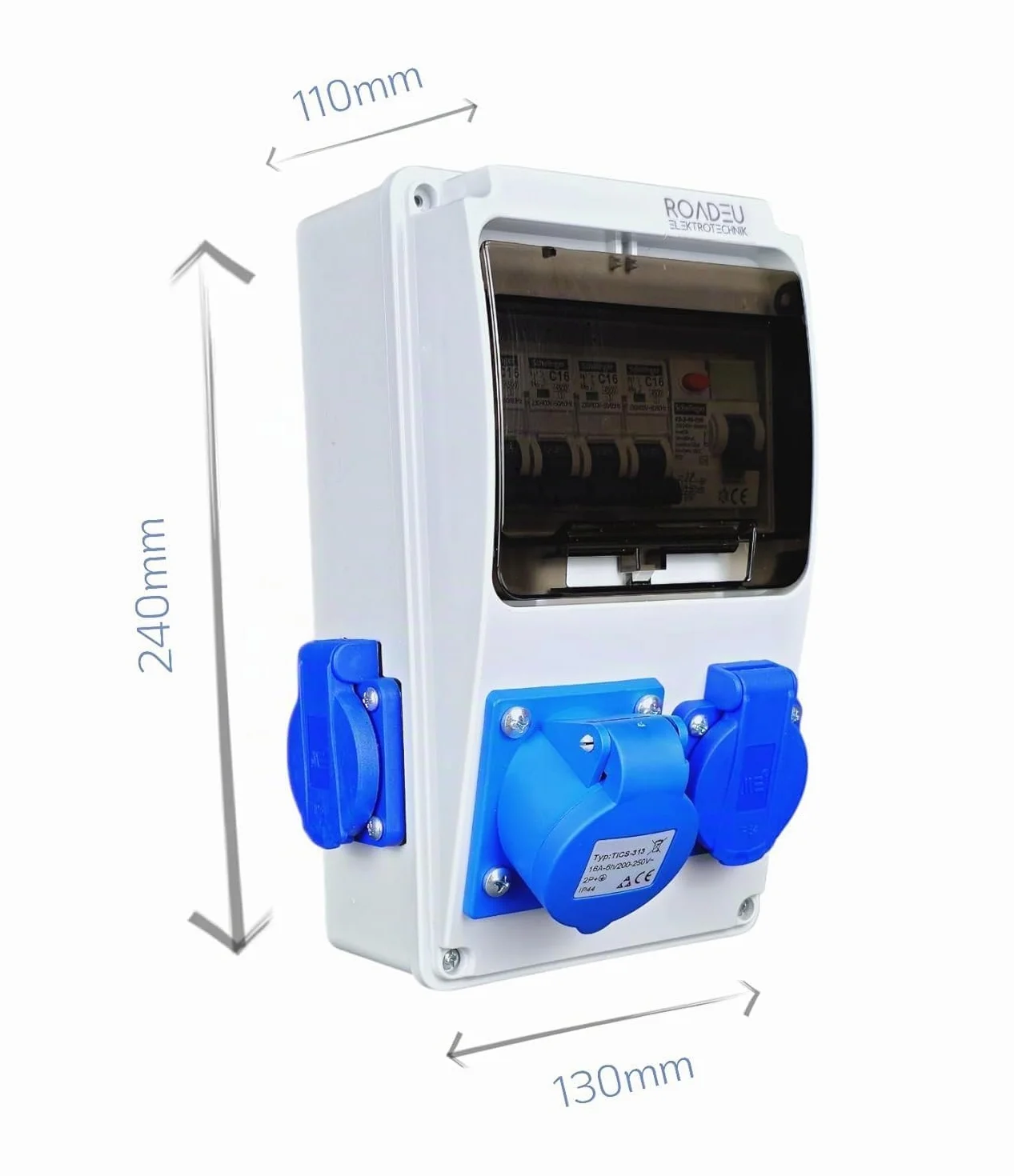 RoadEu Distributeur de courant 230V CEE 16A 3P 3 prises disjoncteur automatique 16A disjoncteur différentiel atelier