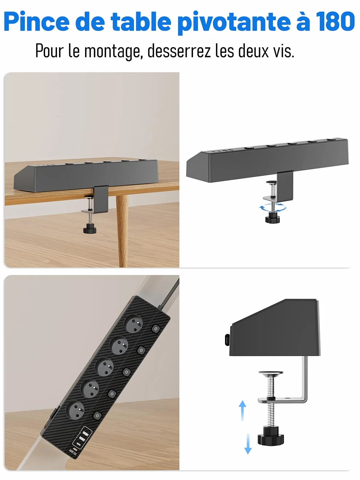 Multiprise Française USB PD 30W 5 Prises Secteur 5 USB 4000W Parafoudre Surtension 3M Noir