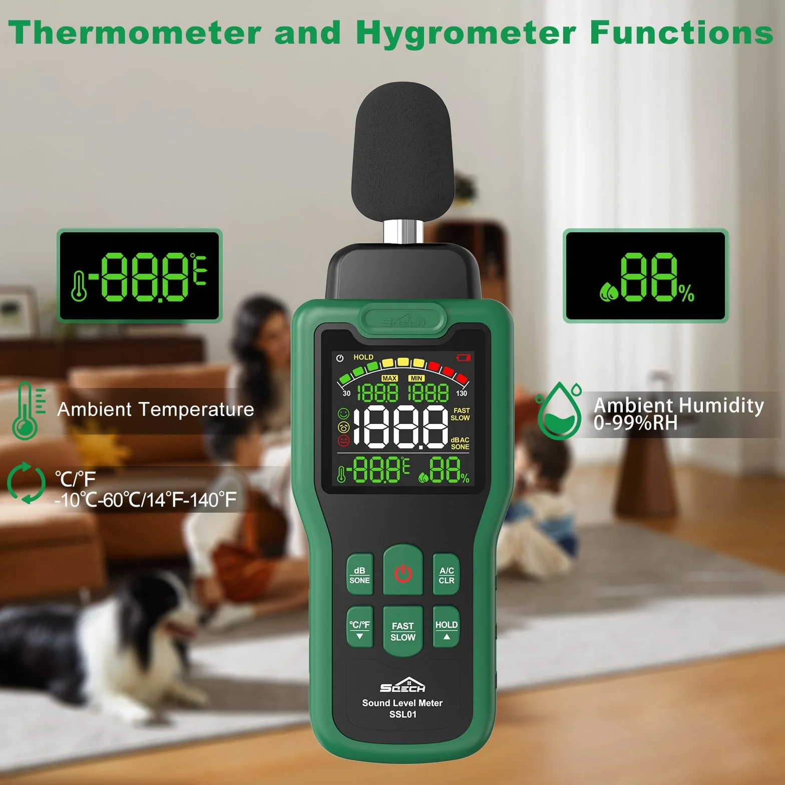 Sonomètre SQECH 30–130dB avec Mesure de Température et Humidité, Écran Rétroéclairé Couleur, Pondération A/C