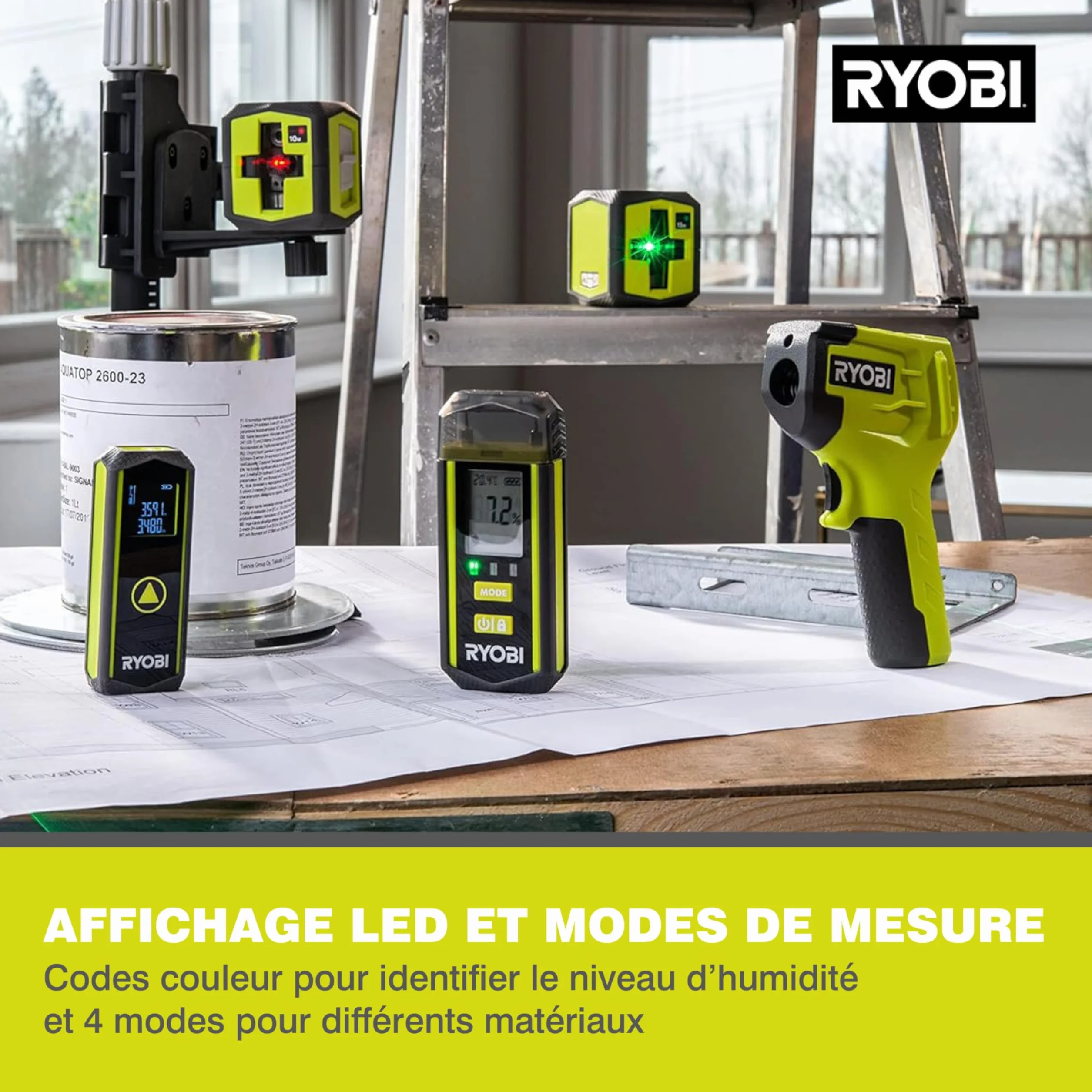 RYOBI Testeur d’Humidité RBPINMM1 Détection Bois Matériaux Bâtiment Grand Écran LCD Compact