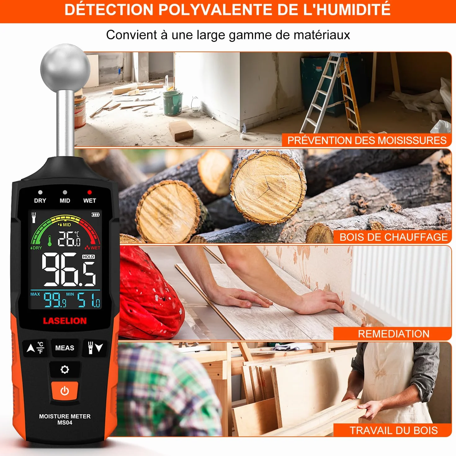 Testeur Humidité Mural MS04 Capteur Sphérique Mesures Non Destructeur Bois Murs Matériaux Construction Alarmes Personnalisables Affichage Température