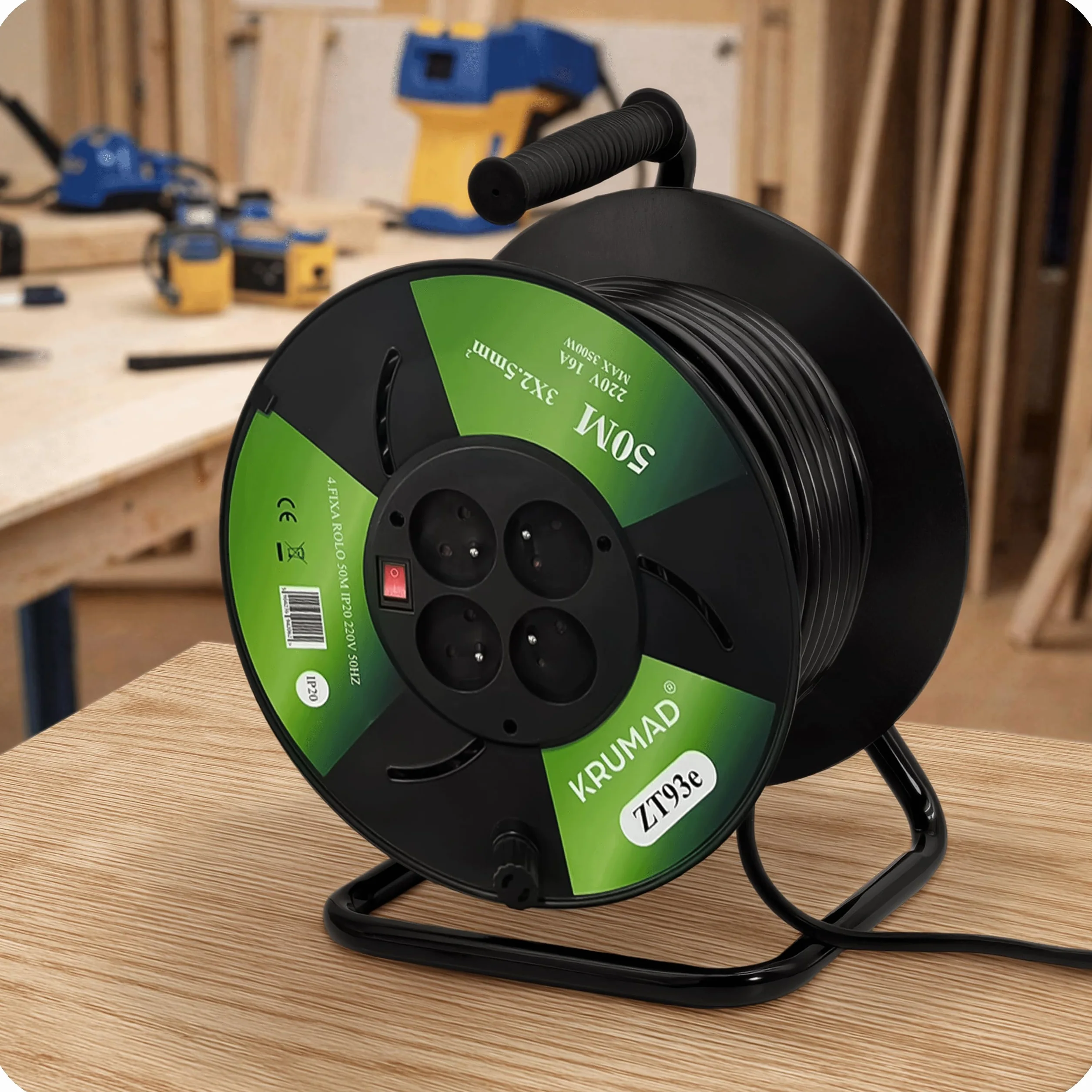 KRUMAD Enrouleur de câble 50 m 4 prises 3x1 mm² 2000 W 220 V extérieur