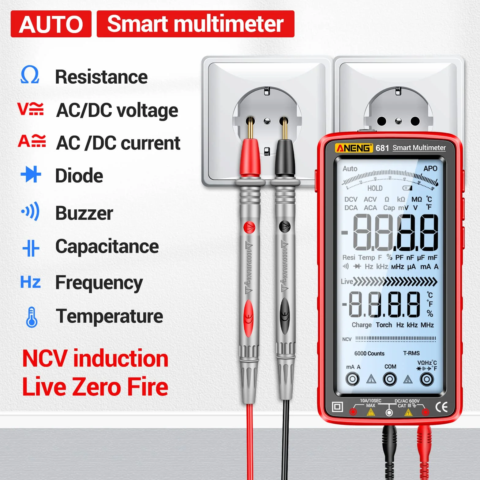 ANENG 681 Multimètre Numérique TRMS 6000 Points Testeur Tactile Intelligent Voltmètre Rechargeable à Plage Automatique