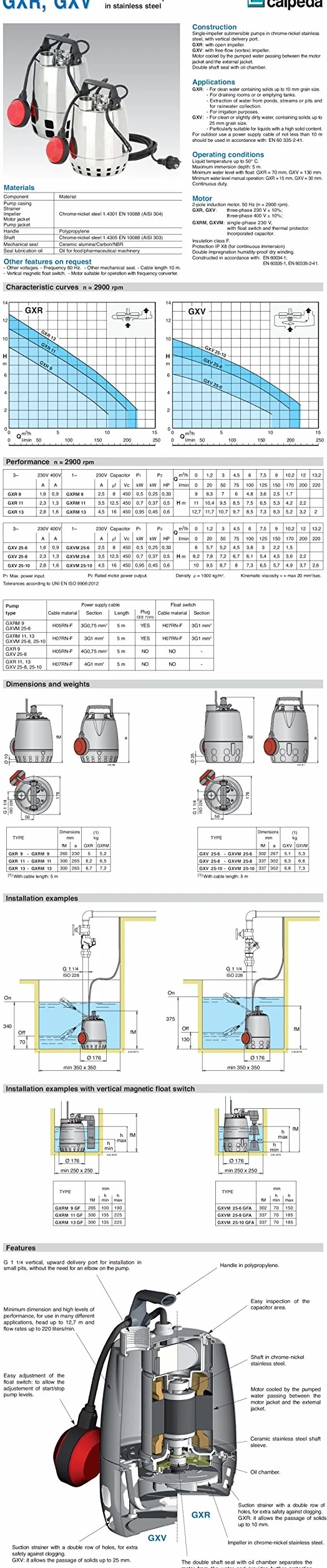 CALPEDA Pompe Submersible GXVM Drainage GXV25-6m 0,25kW 230V 50Hz