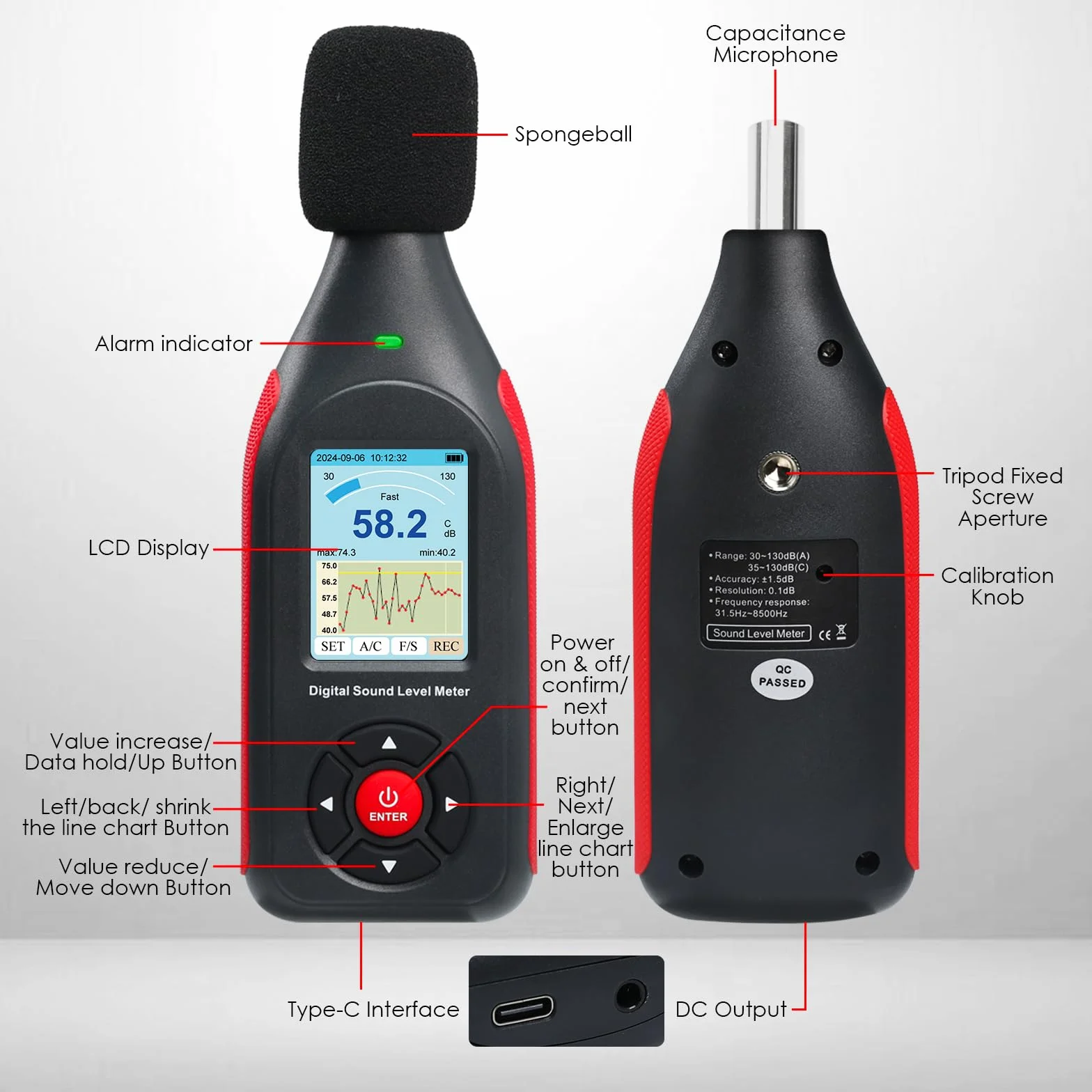 Sonomètre Décibelmètre Datalogger avec Pondération A/C, Réponse Rapide/Lente, 43000 Enregistrements, USB/PC, Alarme LED Tricolore