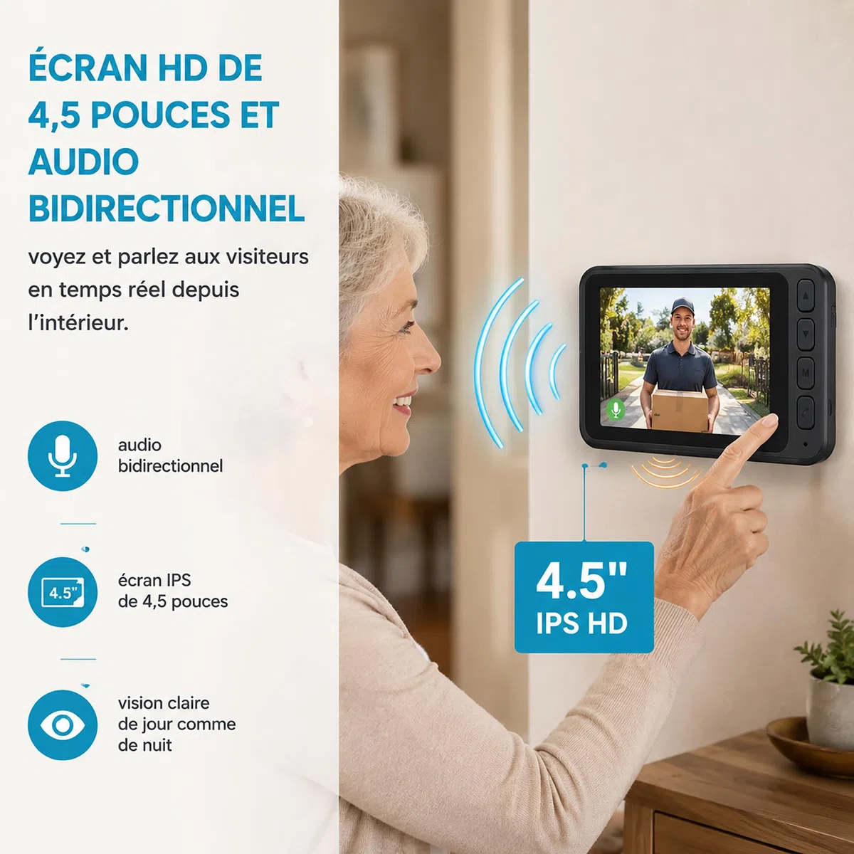 Sonnette sans Fil avec Caméra Extérieure IP65, Visiophone sans Fil Portée 40m, Interphone Vidéo sans Fil 1000mAh, Écran IPS 4.5 Pouces, Vision Nocturne Infrarouge