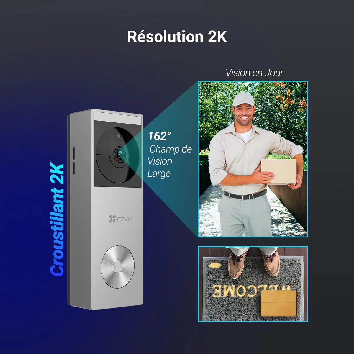 EZVIZ Sonnette Vidéo sans Fil 2K Extérieur Panneau Solaire Batterie Vision Nocturne Couleur Détection de Personnes CP3 Pro CH1 Kit