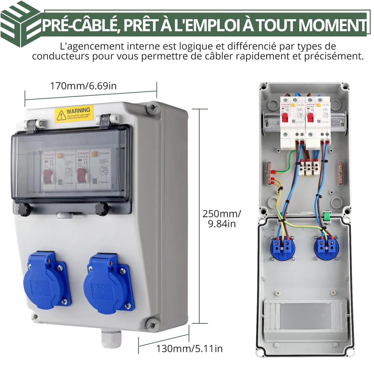 Coffret Électrique de Chantier LS+FI IP54 Prise Schuko 230 V Distributeur de Courant Électrique avec Disjoncteur