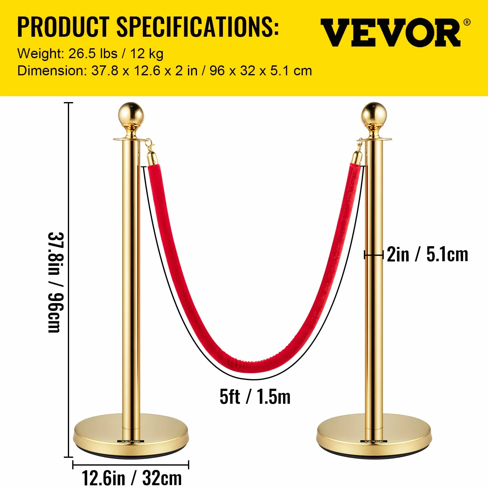 VEVOR Poteau de Guidage Doré 2PCs, Barrière de Balisage avec Corde en Velours Rouge 1,5 m