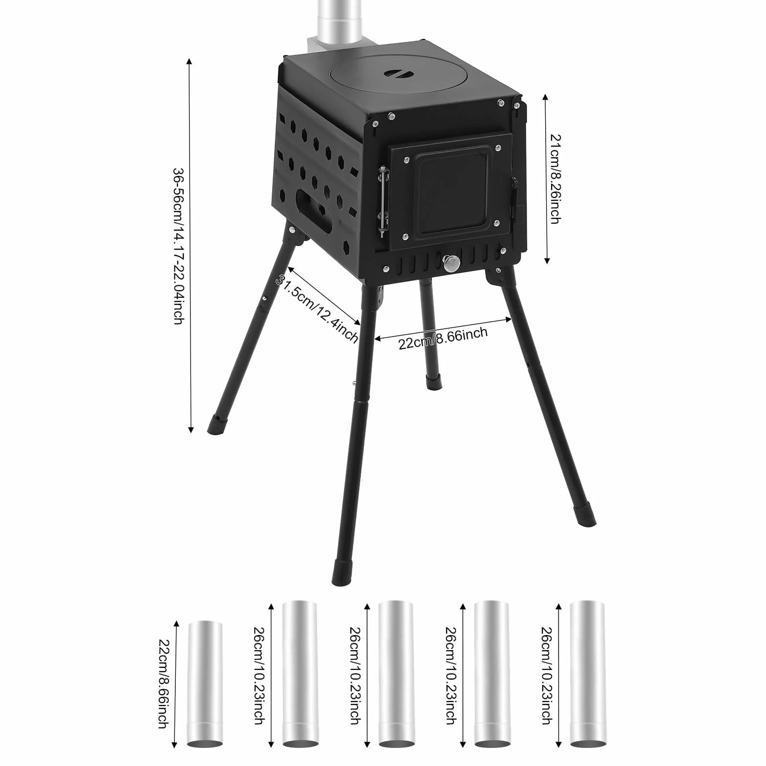 Poêle à bois pliable pour extérieur, chauffage de tente portable avec tuyaux de cheminée et fenêtre d'observation
