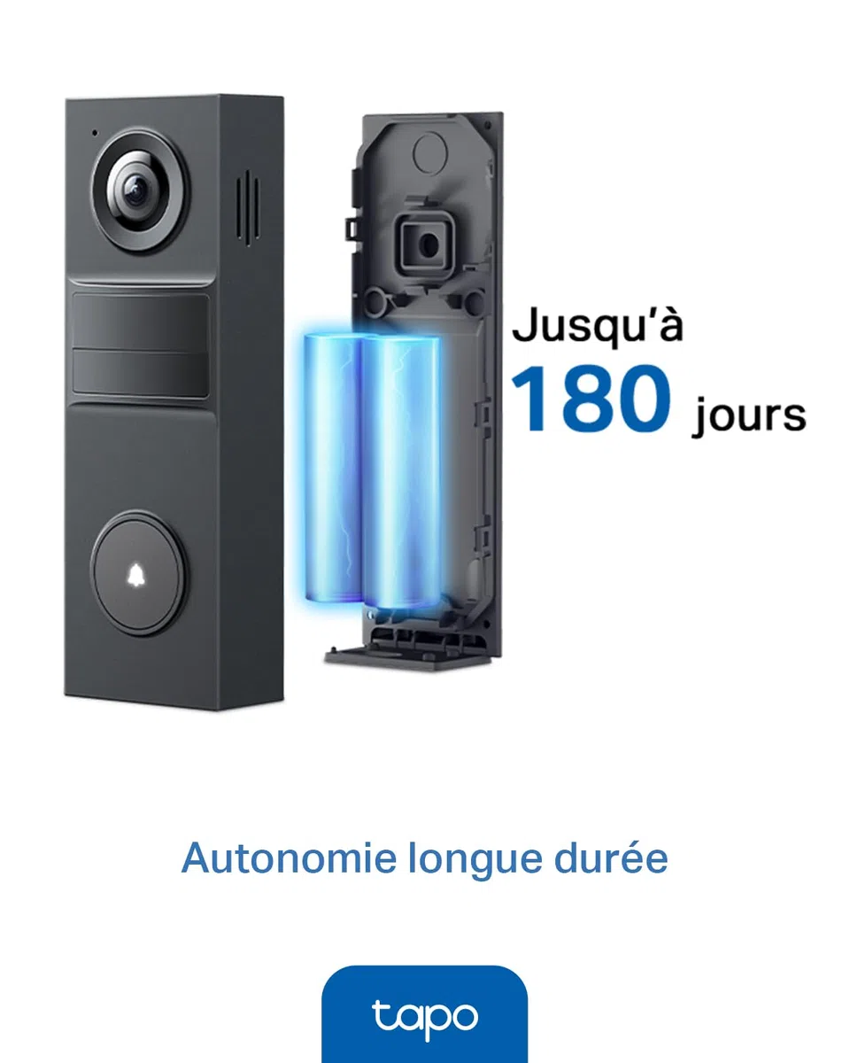 Tapo D205 Sonnette sans fil avec caméra extérieur 2K 3MP IP54 étanche Grand angle 160° Vision Nocturne Détection Humaine AI Audio Bidirectionnel autonomie 180j