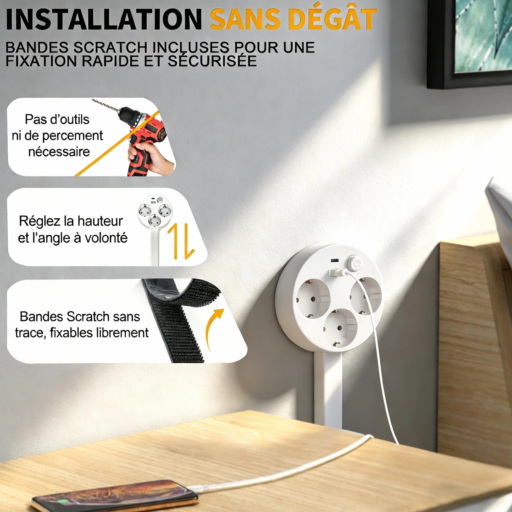 Multiprise Extensible et Pivotante 3 Prises USB-A Type-C 5V/2.1A Tige Réglable 47-67 cm Rotation 360°