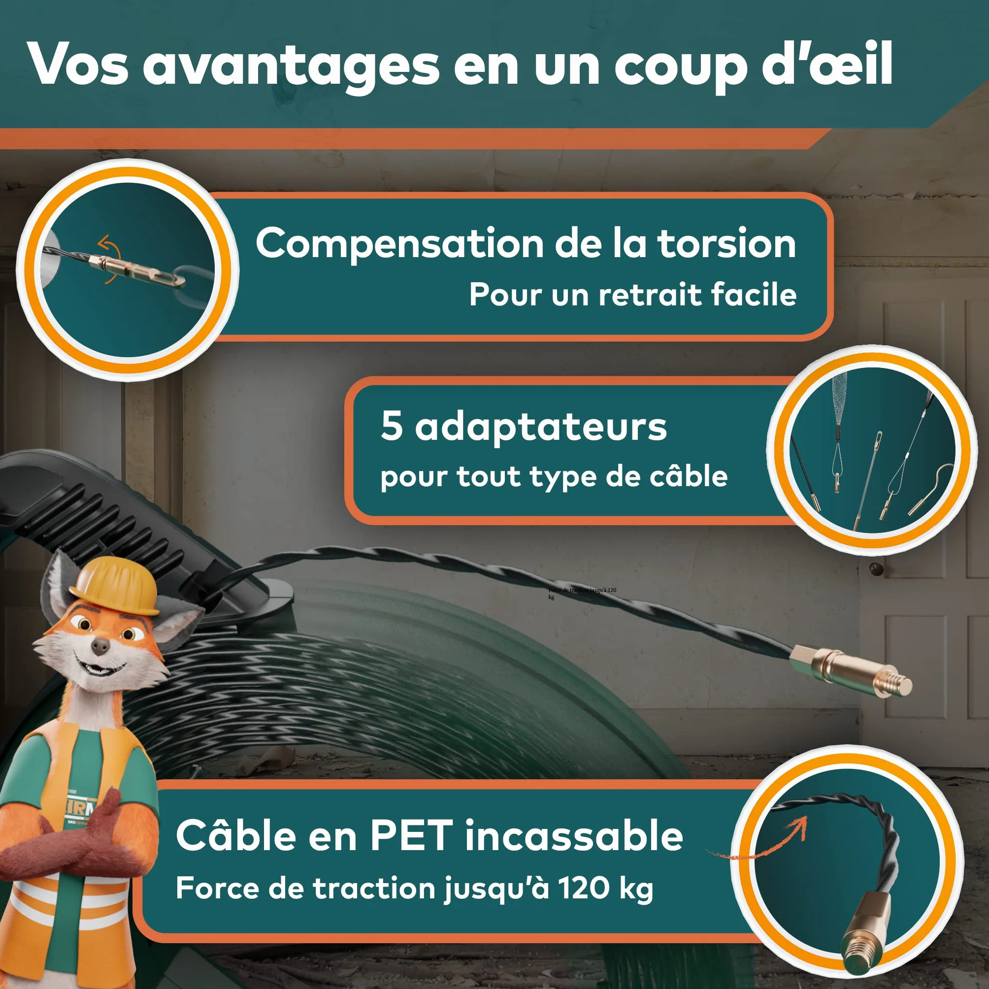 FAIRMO tire fils electrique 30M pour tubes vides PET 4mm avec 5 adaptateurs tire-câble incassable