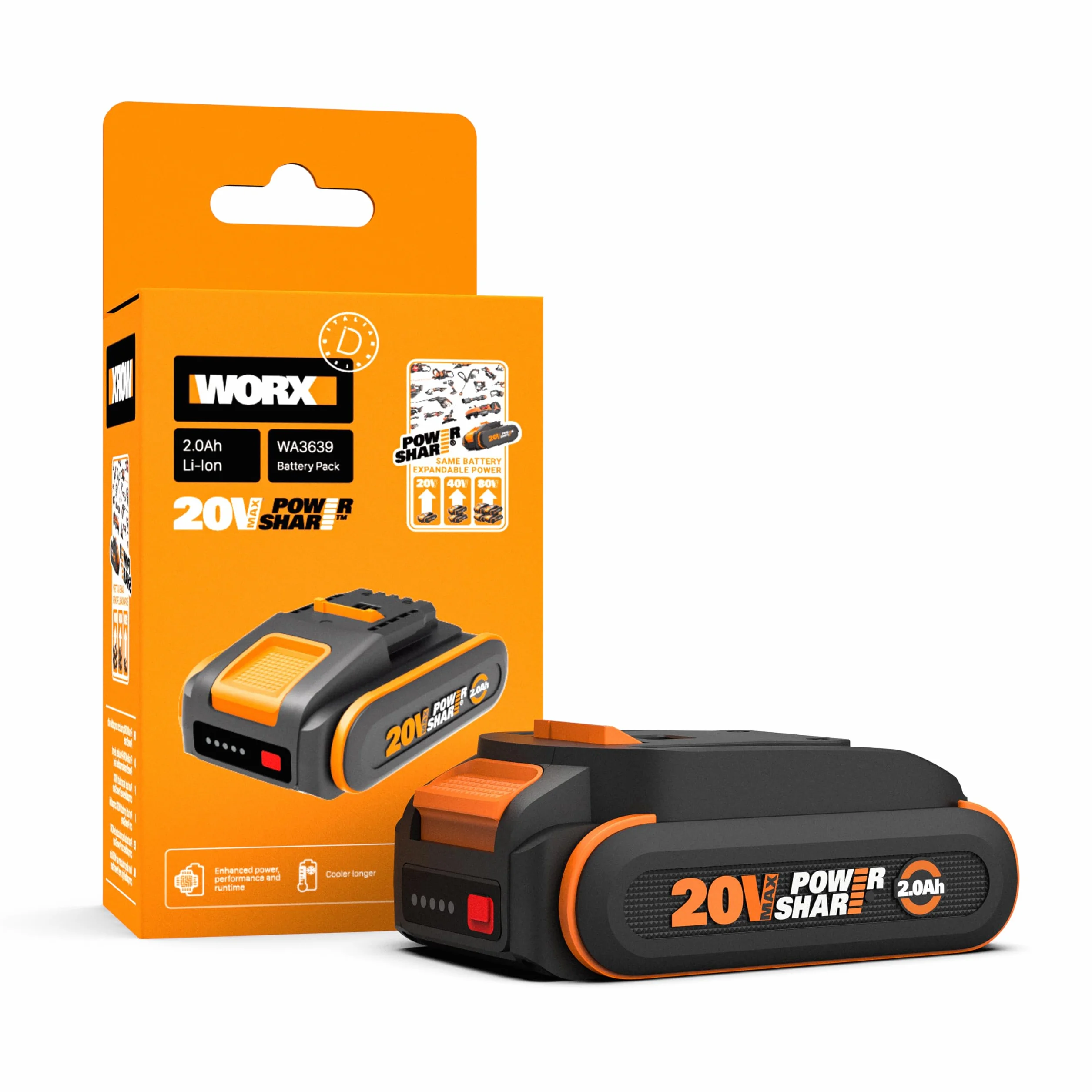 WORX Batterie Powershare Pro Lithium-Ion 20V 2Ah WA3639 Compatible Outils PowerShare