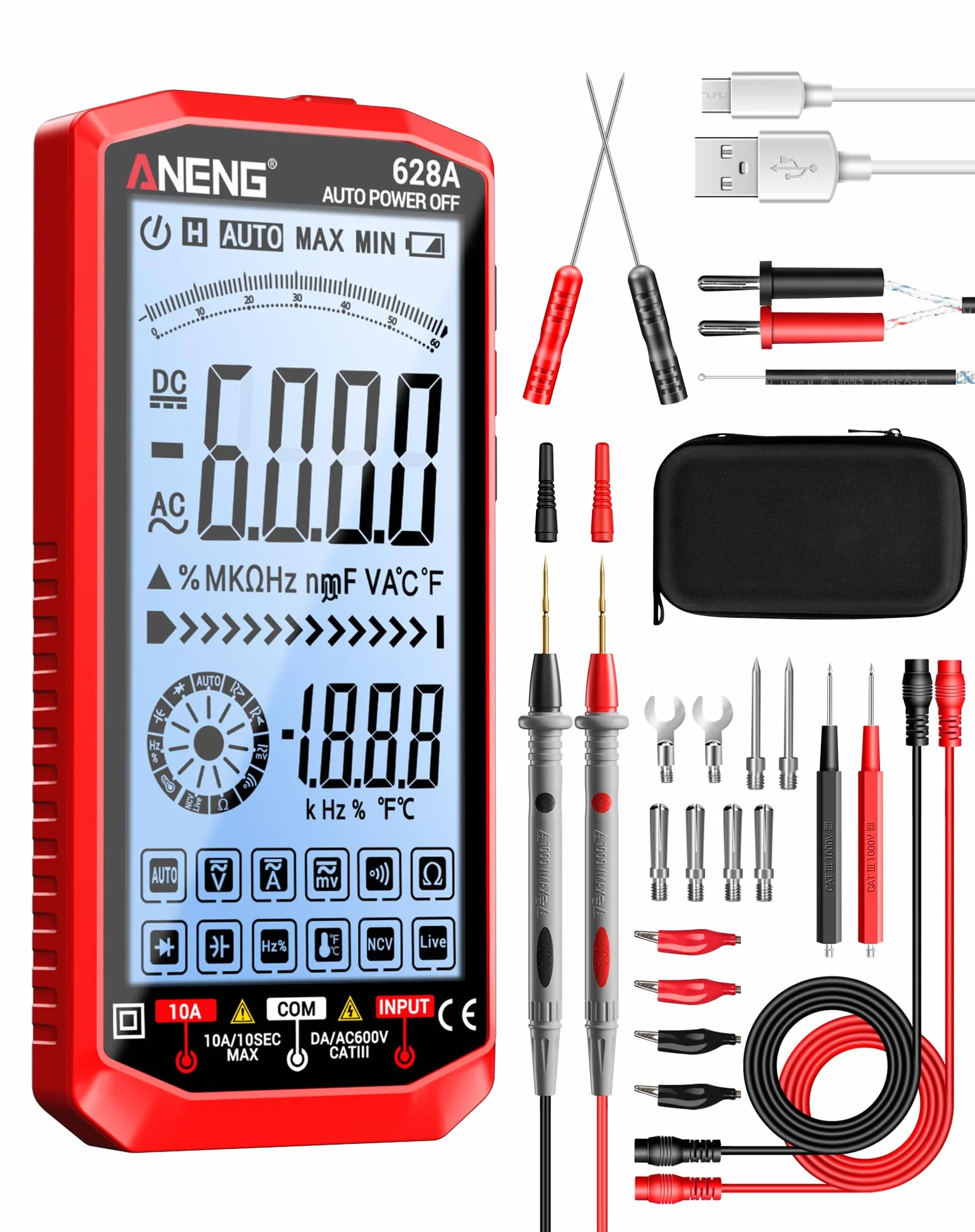 ANENG Multimètre Numérique Rechargeable 6000 Points Mesure Tension AC/DC Courant Résistance Capacité Température Hertz NCV Diode Continuité