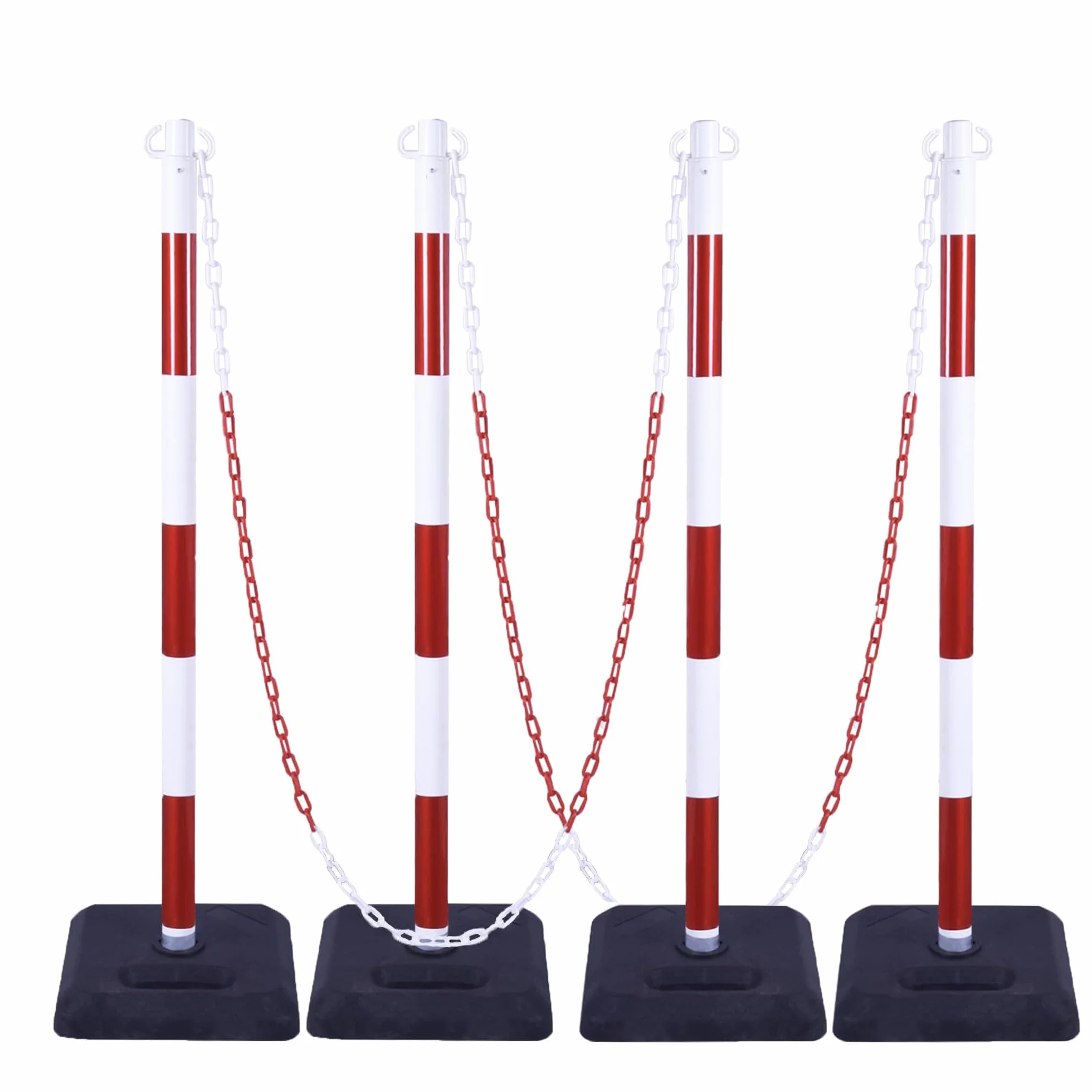 Poteau Délimiteur de Trafic 40''/100cm avec Chaîne 20FT/600cm et Base Remplissable Sable/Eau 4 Pièces