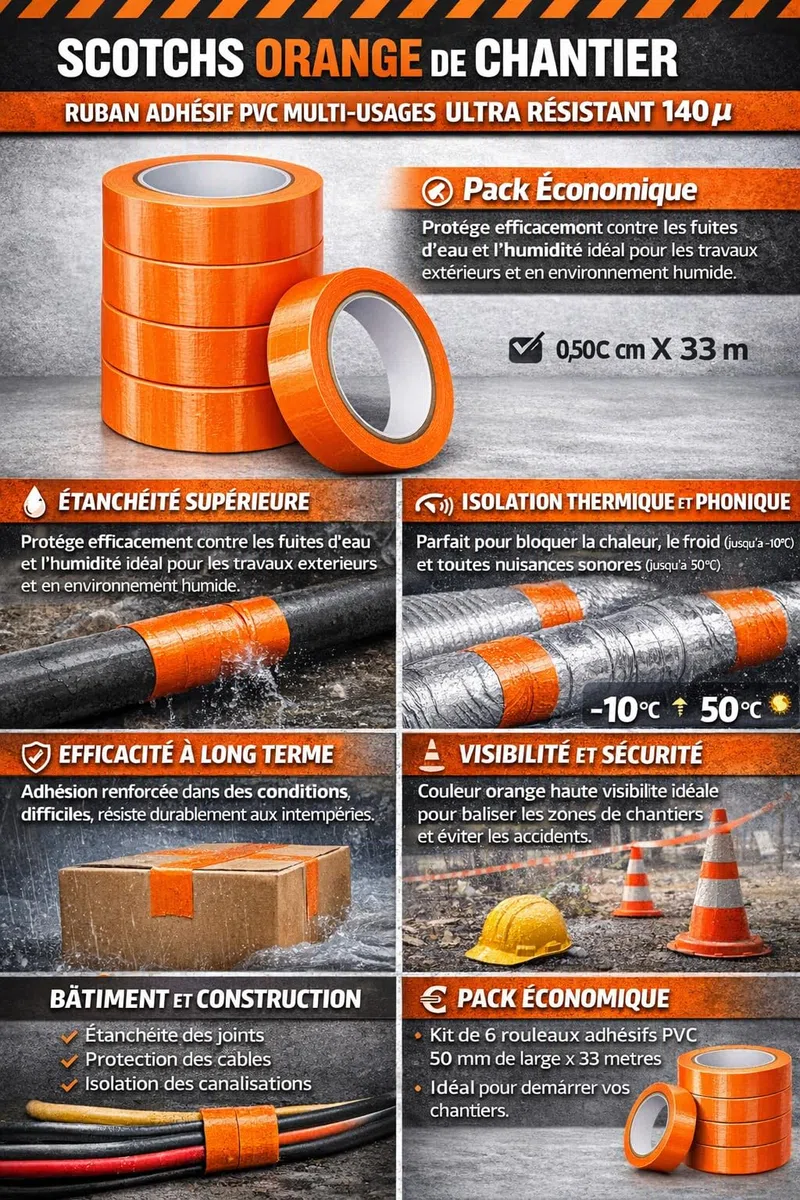 Scotchs Orange de Chantier PVC 6 Rouleaux Ruban Adhésif 0,50 cm x 33 m Ultra résistant 140 µ