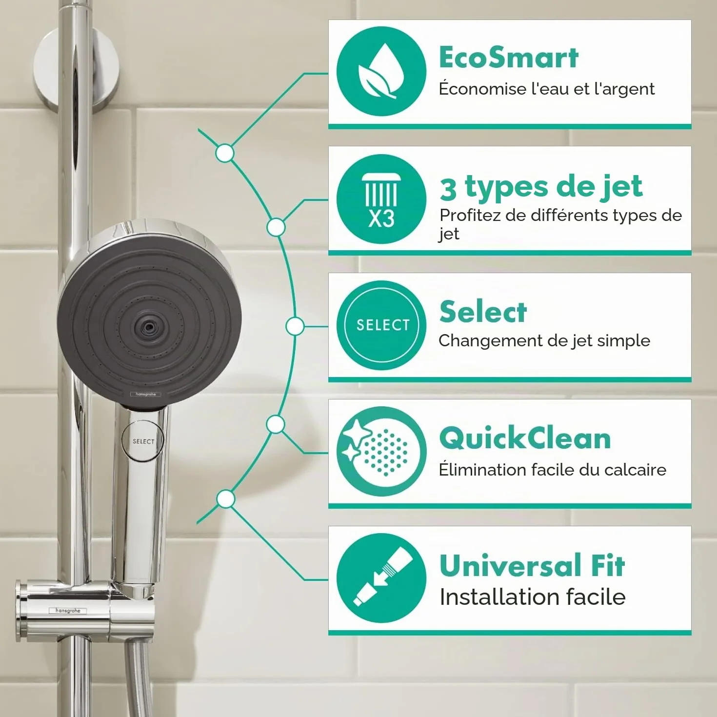 hansgrohe Pulsify Select S Pommeau de douche économie d'eau 9 l/min EcoSmart Douchette à main 3 types de jet Edition Relaxation Ronde 105 mm Chromé