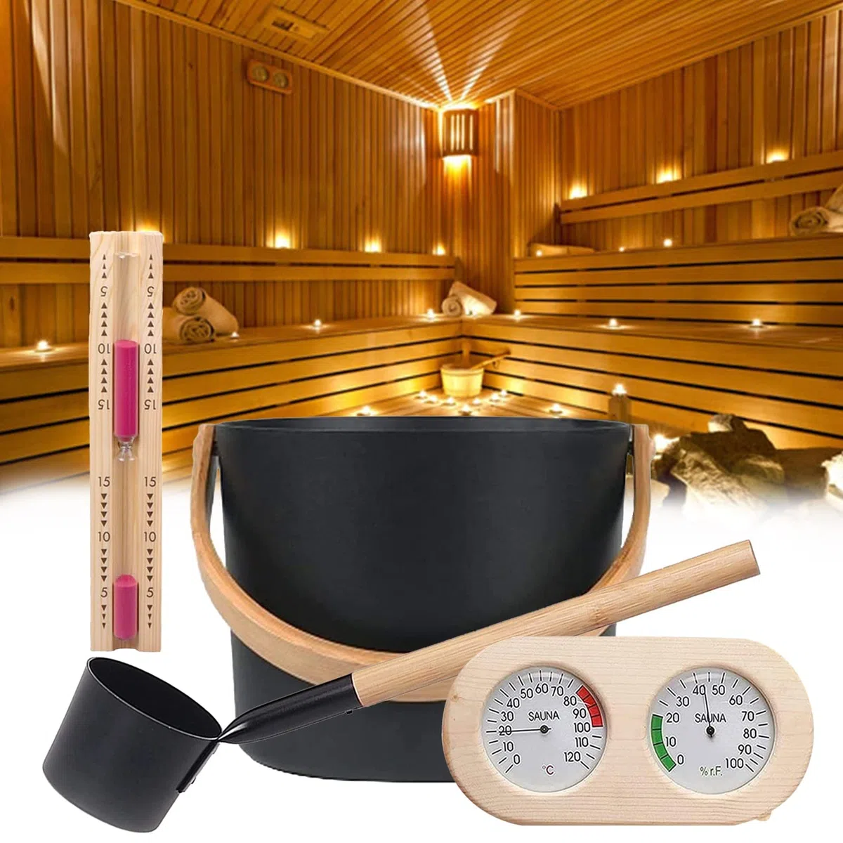 Seau Pour Sauna 7L Set Complet Avec Louche En Bois Pin Finlandais Thermomètre Hygromètre Sablier