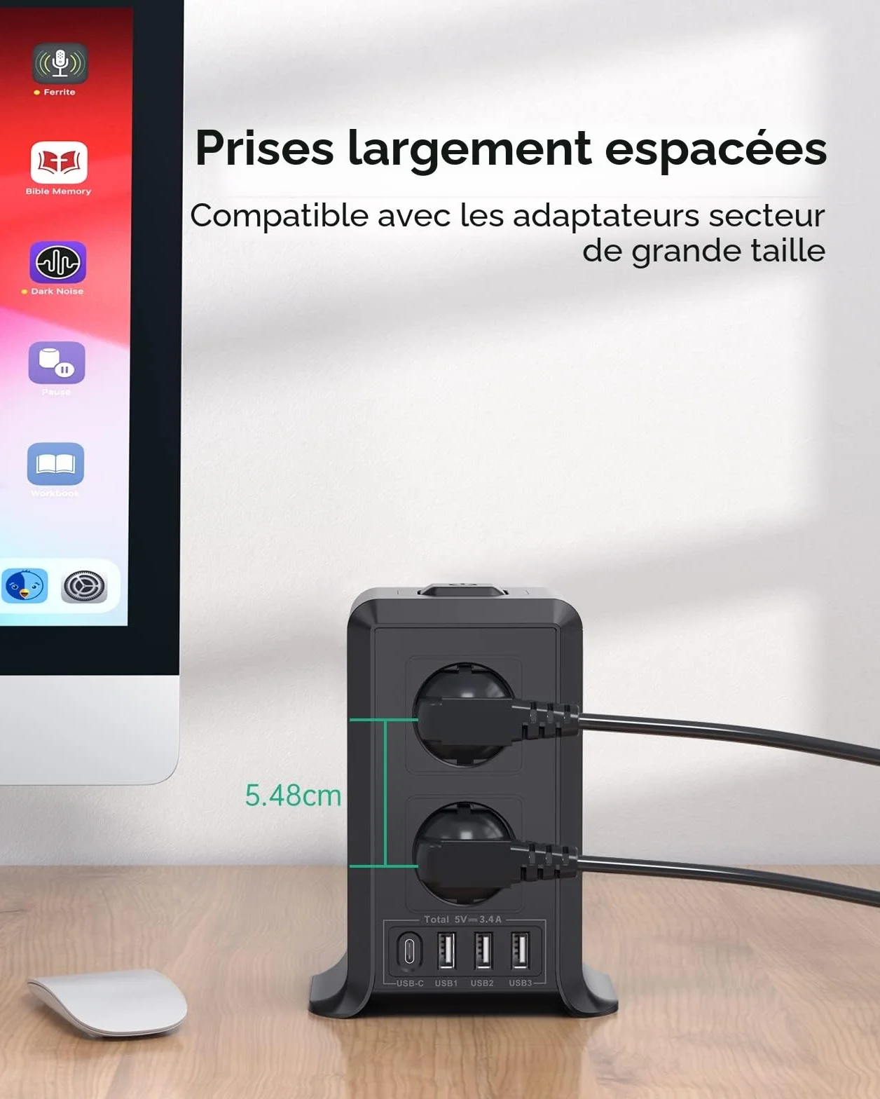 Multiprise 8 Prises 4 USB Parafoudre Surtension 2M Câble