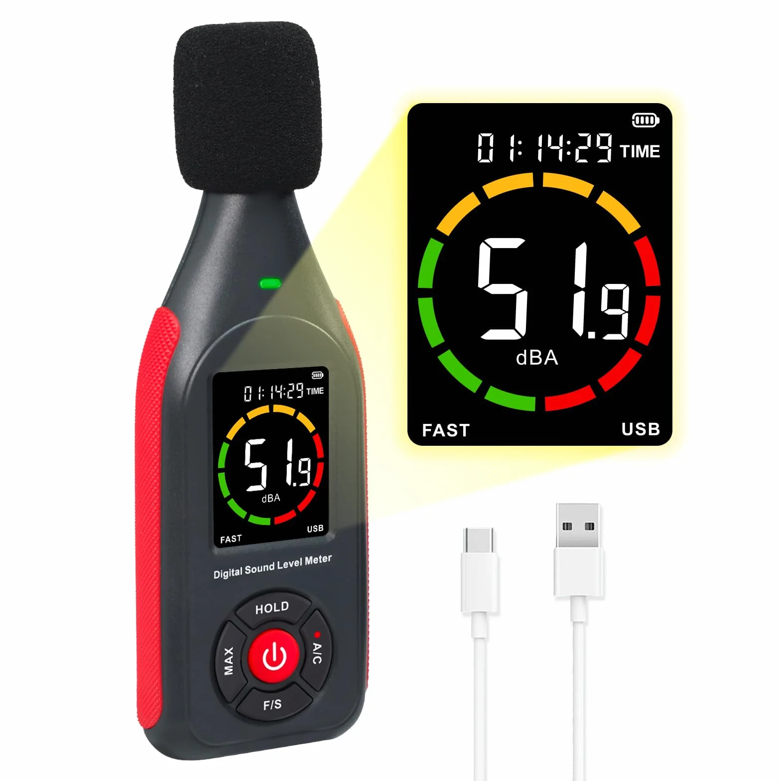 Décibelmètre Professionnel 30dB à 130dB MAX Data Hold Numérique SPL dB Meter avec Alarme et Rechargeable