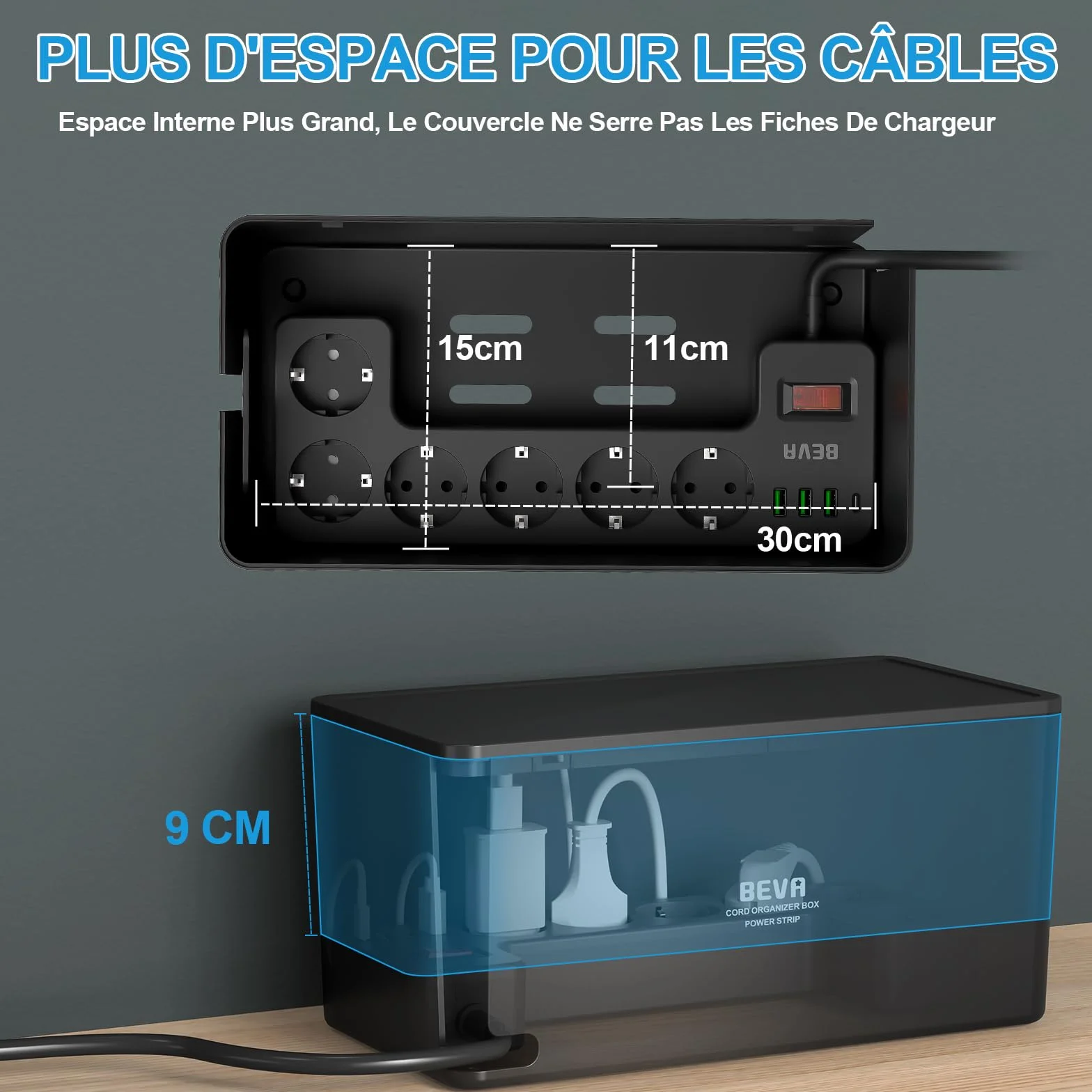BEVA Multiprise Cachée 2M 1050J Parafoudre Surtension 6 Prises USB 3 USB-A 1 USB-C 15W Noir