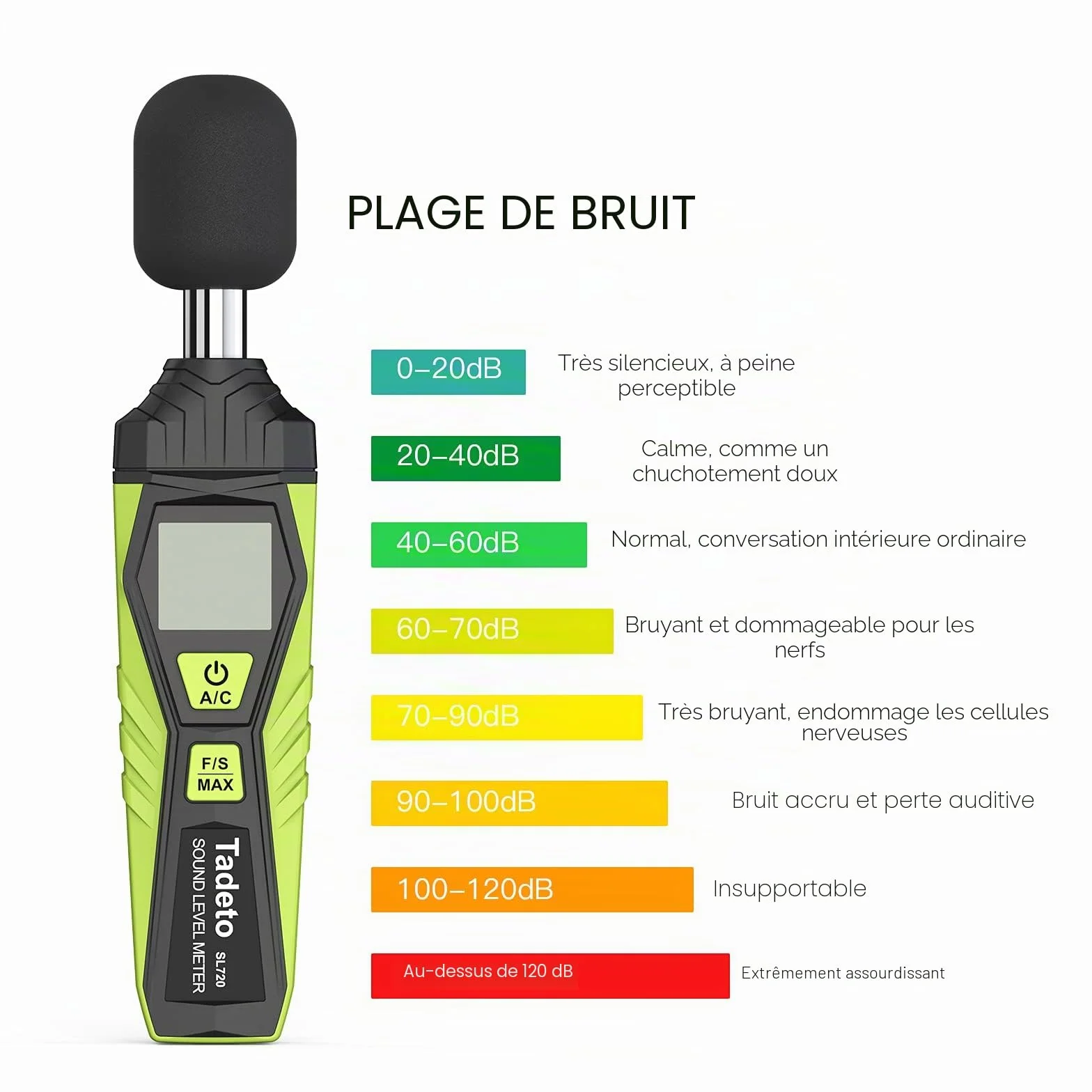 Sonomètre numérique portable décibelmètre 30dB à 130dB écran LCD A/C pondéré