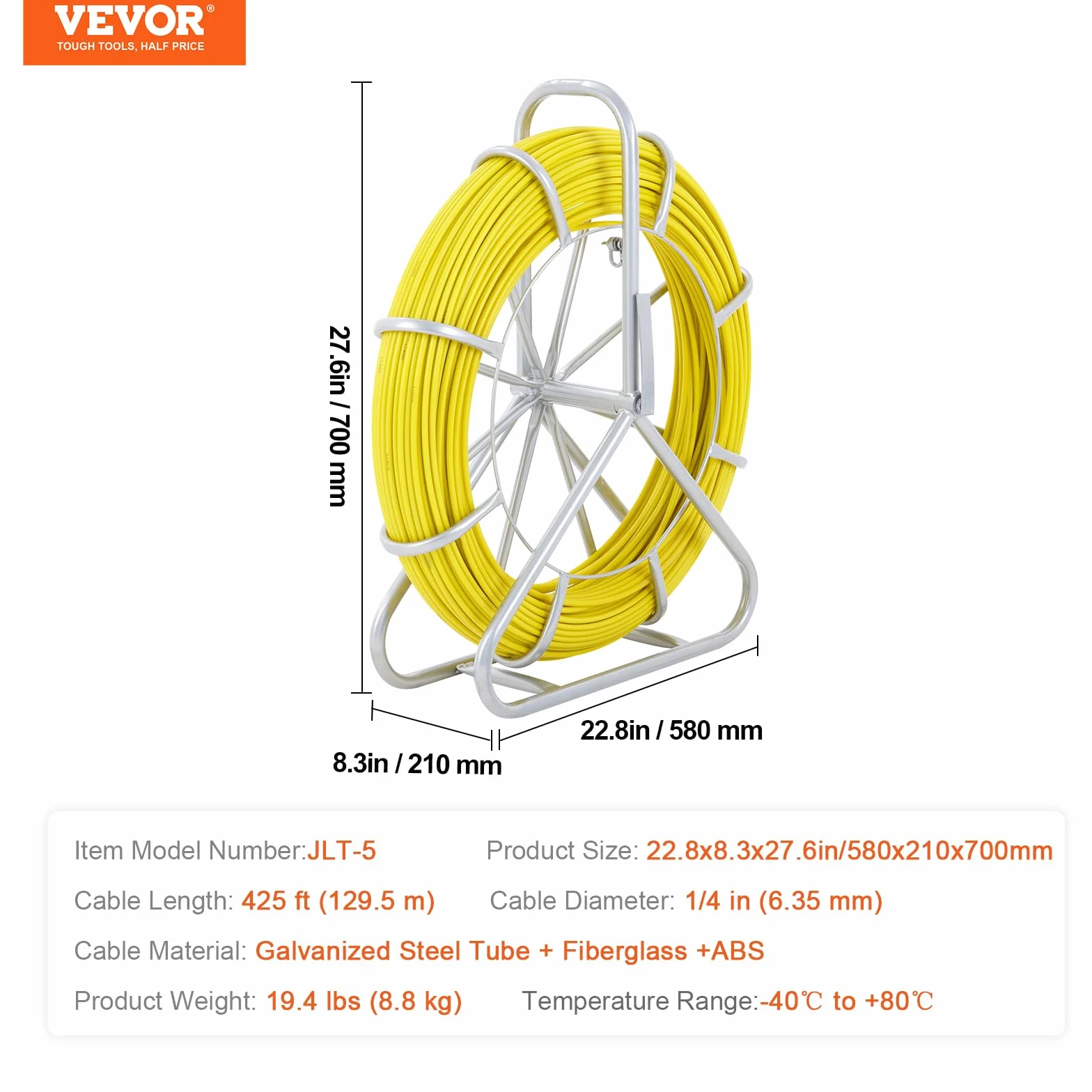 VEVOR Ruban à Poisson en Fibre de Verre 129,5 m 6,35 mm Aiguille Électricien Tirage Câble Extracteur Bobine Conduit Support Acier 3 Têtes