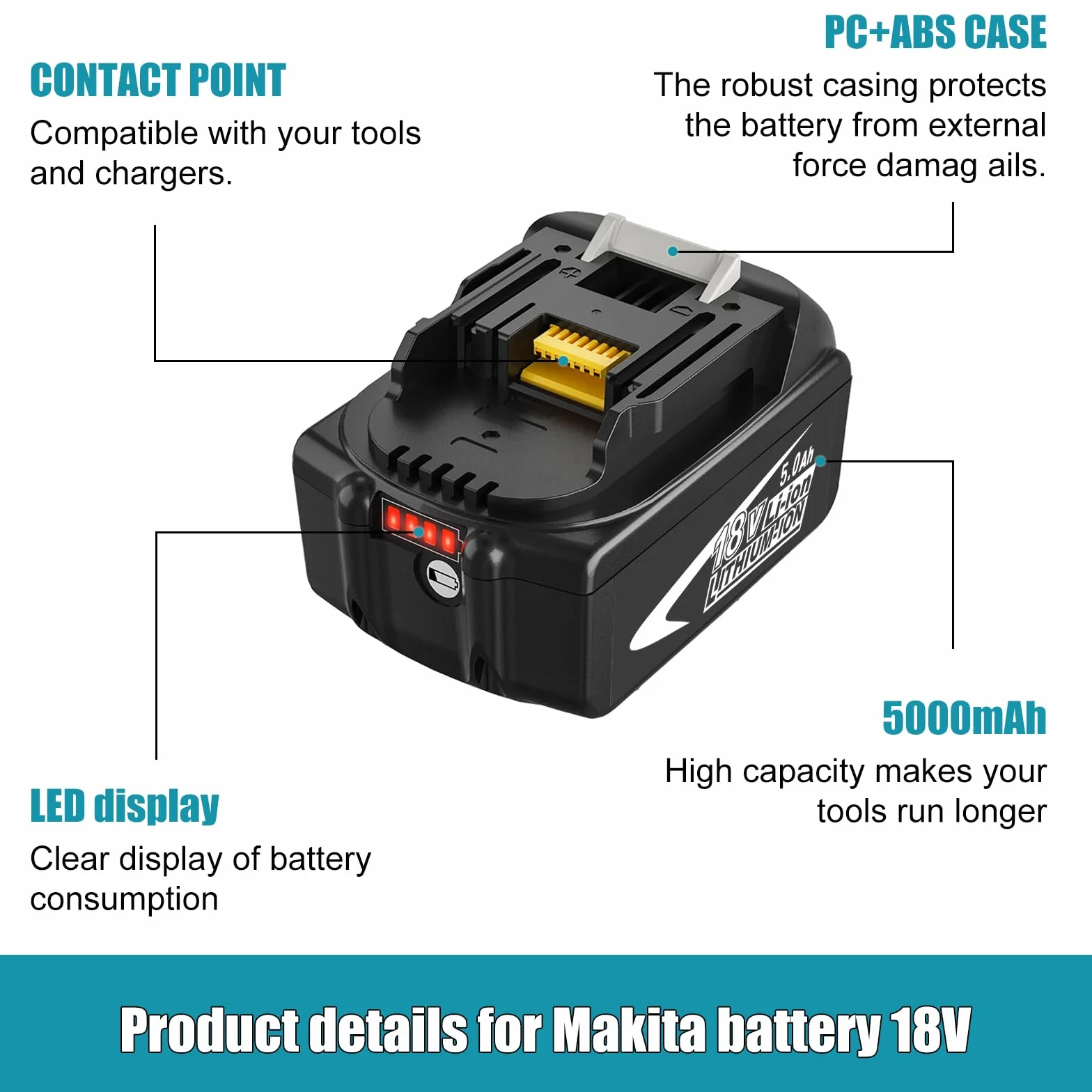 Makita 18V 5000mAh Batterie de Rechange BL1850B BL1860 avec LED