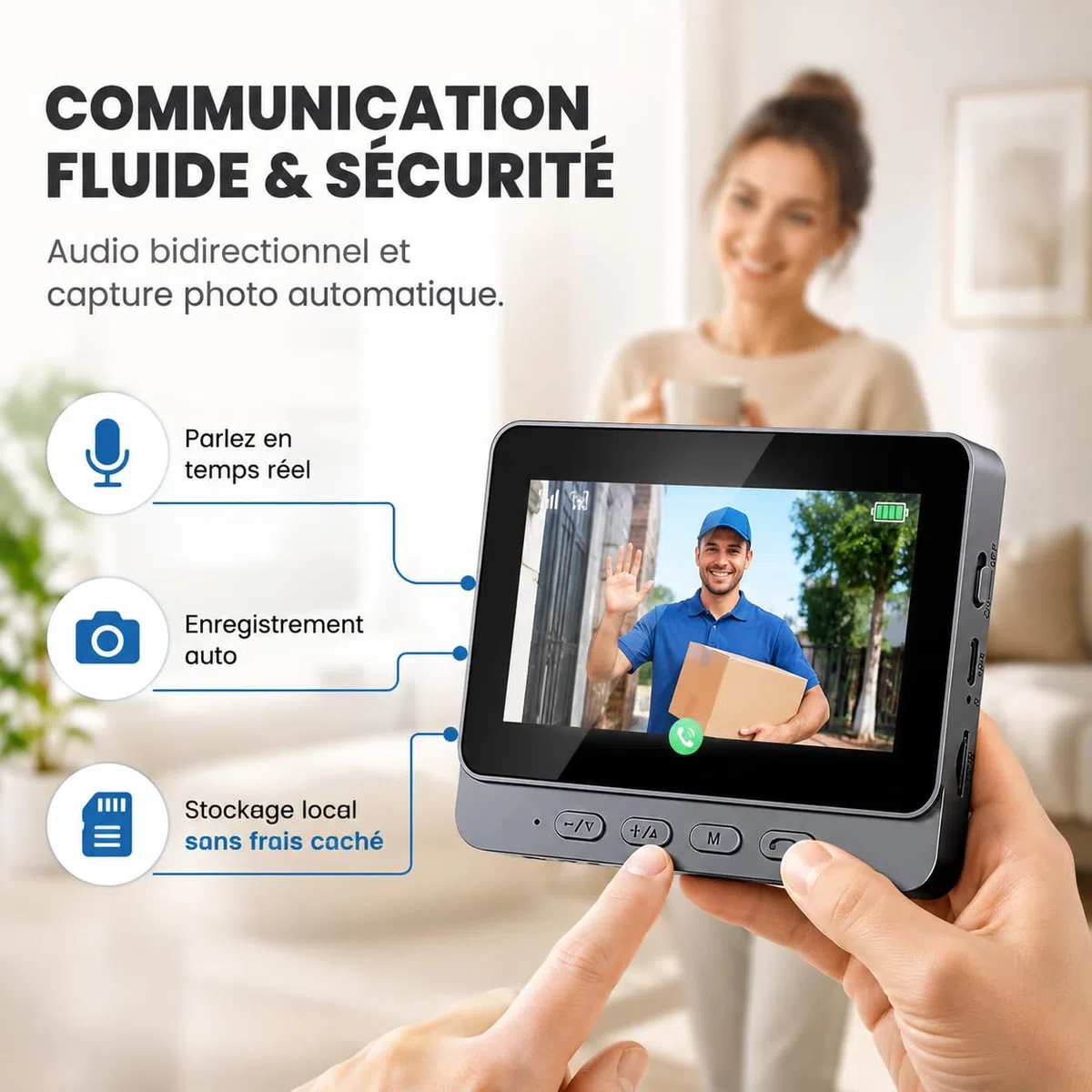 Sonnette sans Fil avec Caméra Extérieur Étanche 1080P, Visiophone Vidéo sans Fil Écran 4.3" Interphone Vidéo Exterieur Etanche Angle 170° Portier Vidéo Maison