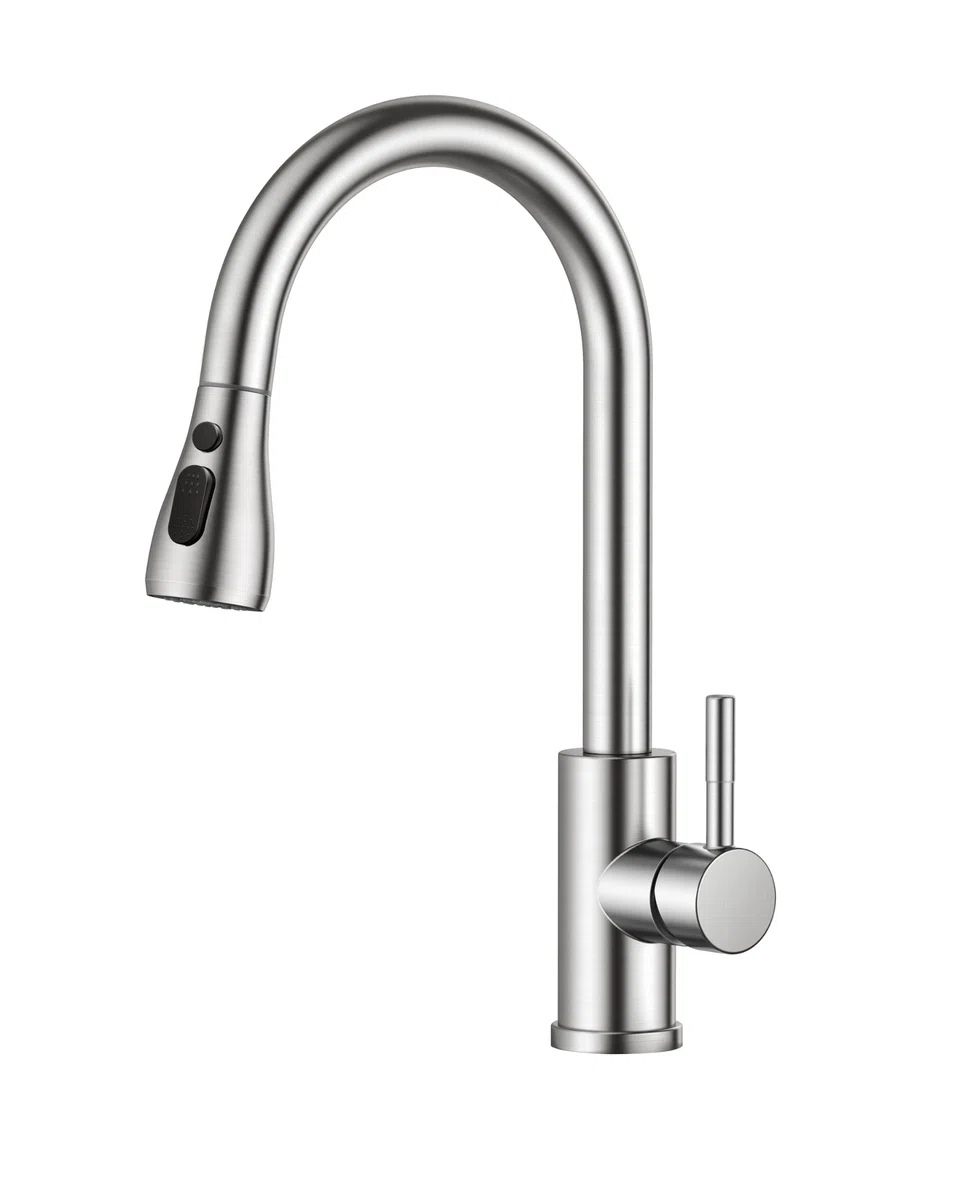 FORIOUS Mitigeur Cuisine Pivotant 360° Arc Élevé Pulvérisateur Escamotable 2 Modes Acier Inoxydable
