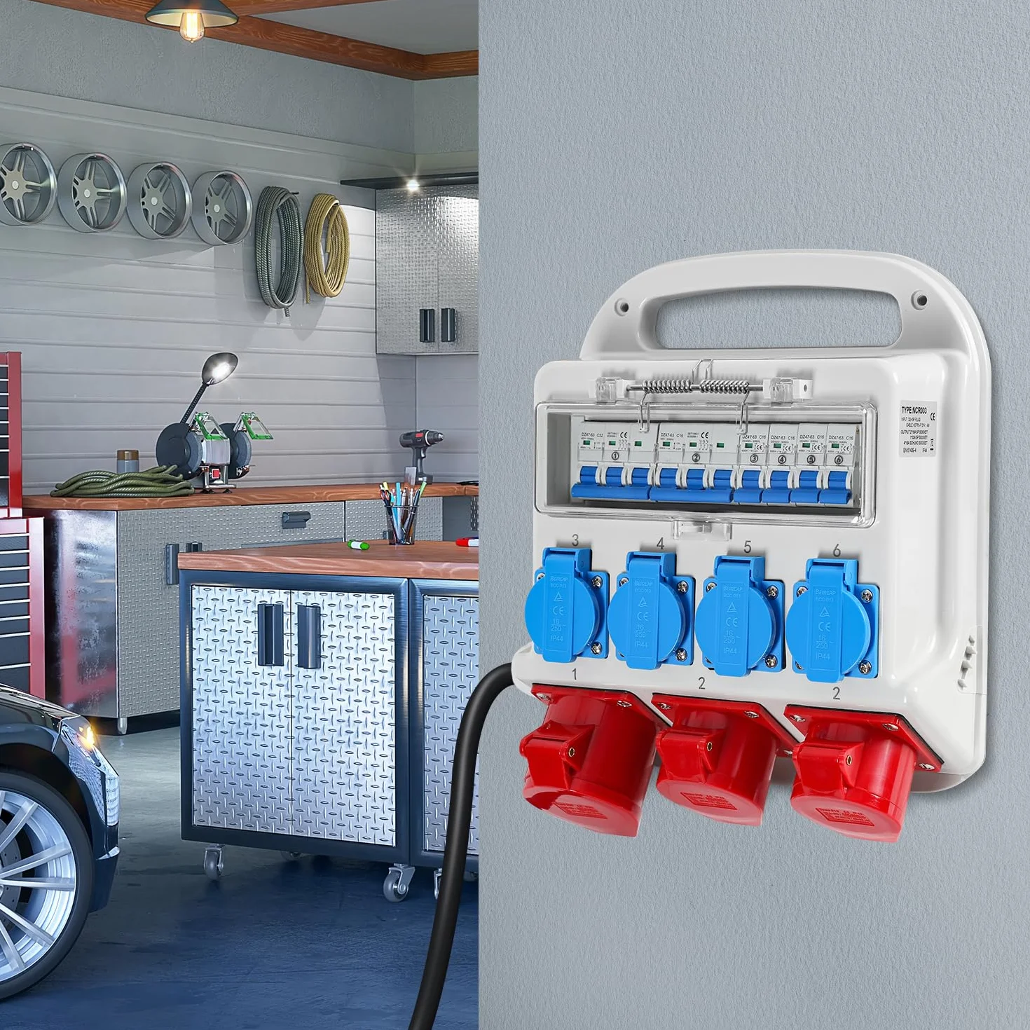Distributeur de courant de chantier 2xCEE 400V 16A 1xCEE 400V 32A 4x230V avec disjoncteurs câble 1,2m