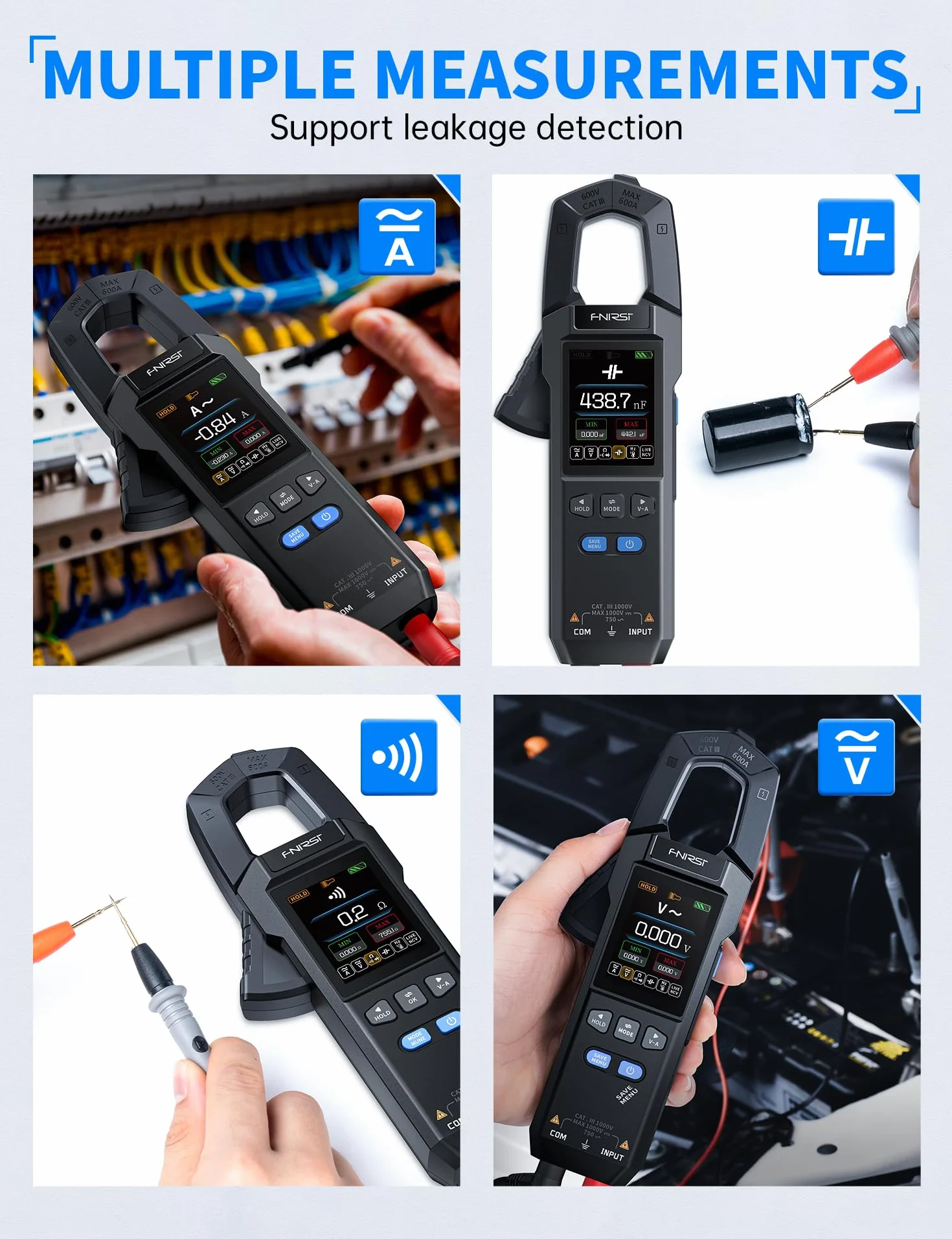 FNIRSI DMC-100 Pince Ampèremétrique Numérique Multimètre TRMS 9999 Points 600A Rechargeable NCV Tension CA/CC Courant Continuité