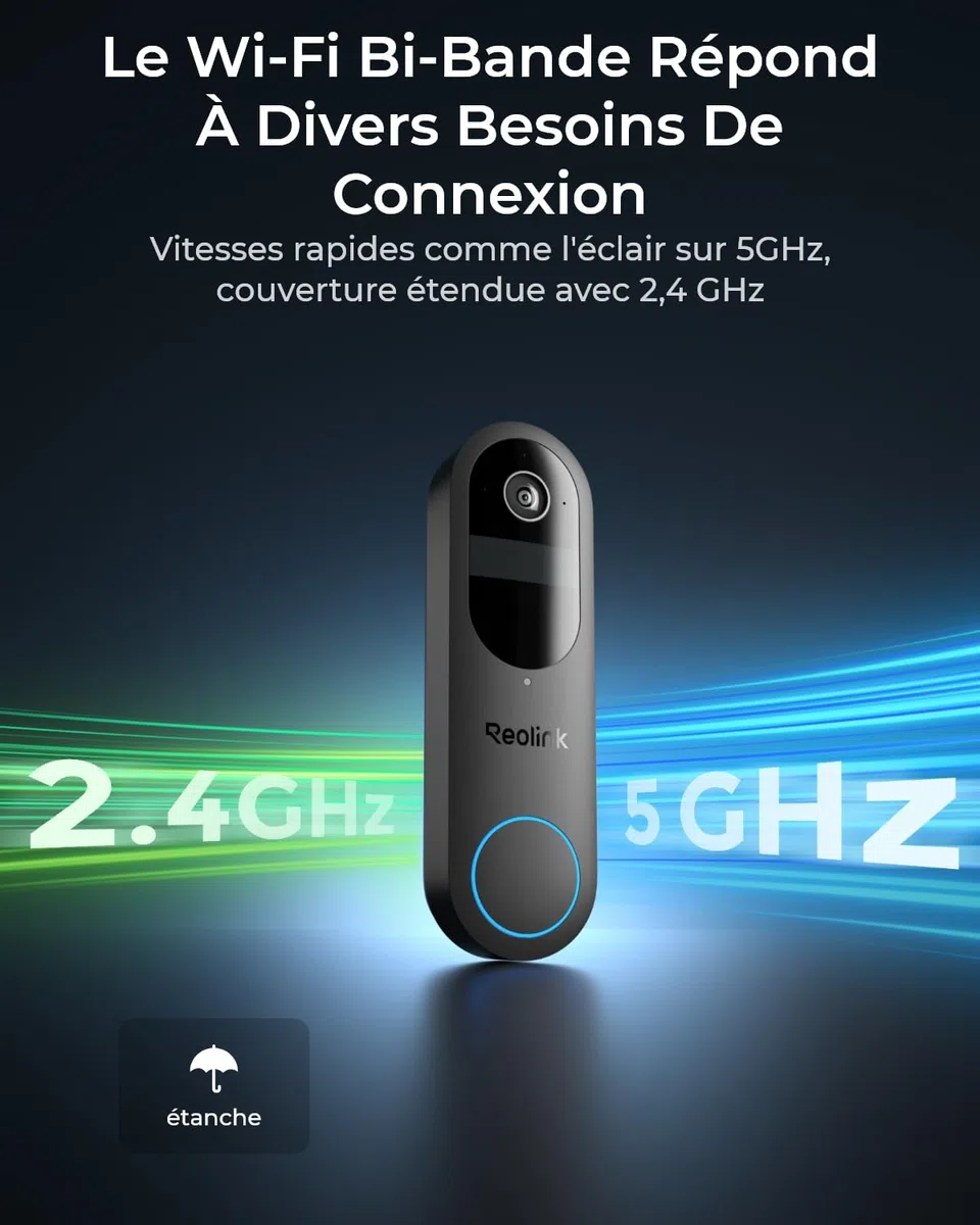 Reolink Caméra Sonnette 2K sans Fil avec Batterie, Wi-Fi 2.4/5GHz, détection Personnes/Véhicules/Colis, Audio bidirectionnel, Video Doorbell