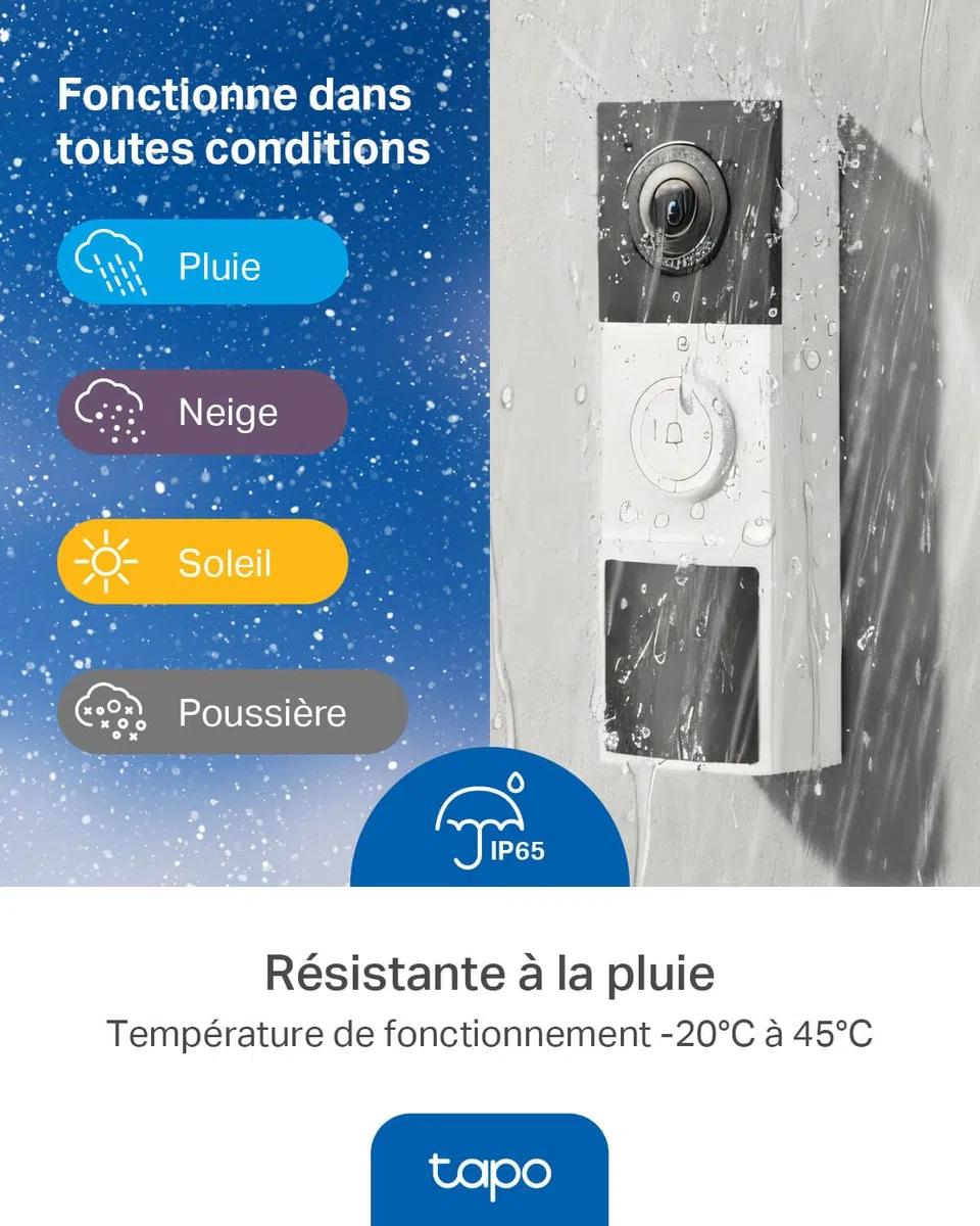 Tapo D210 Sonnette sans Fil avec caméra Extérieur 2K 3MP IP65 étanche Ultra Grand Angle 160° Vision Nocturne en Couleur Détection Humaine AI Audio Bidirectionnel