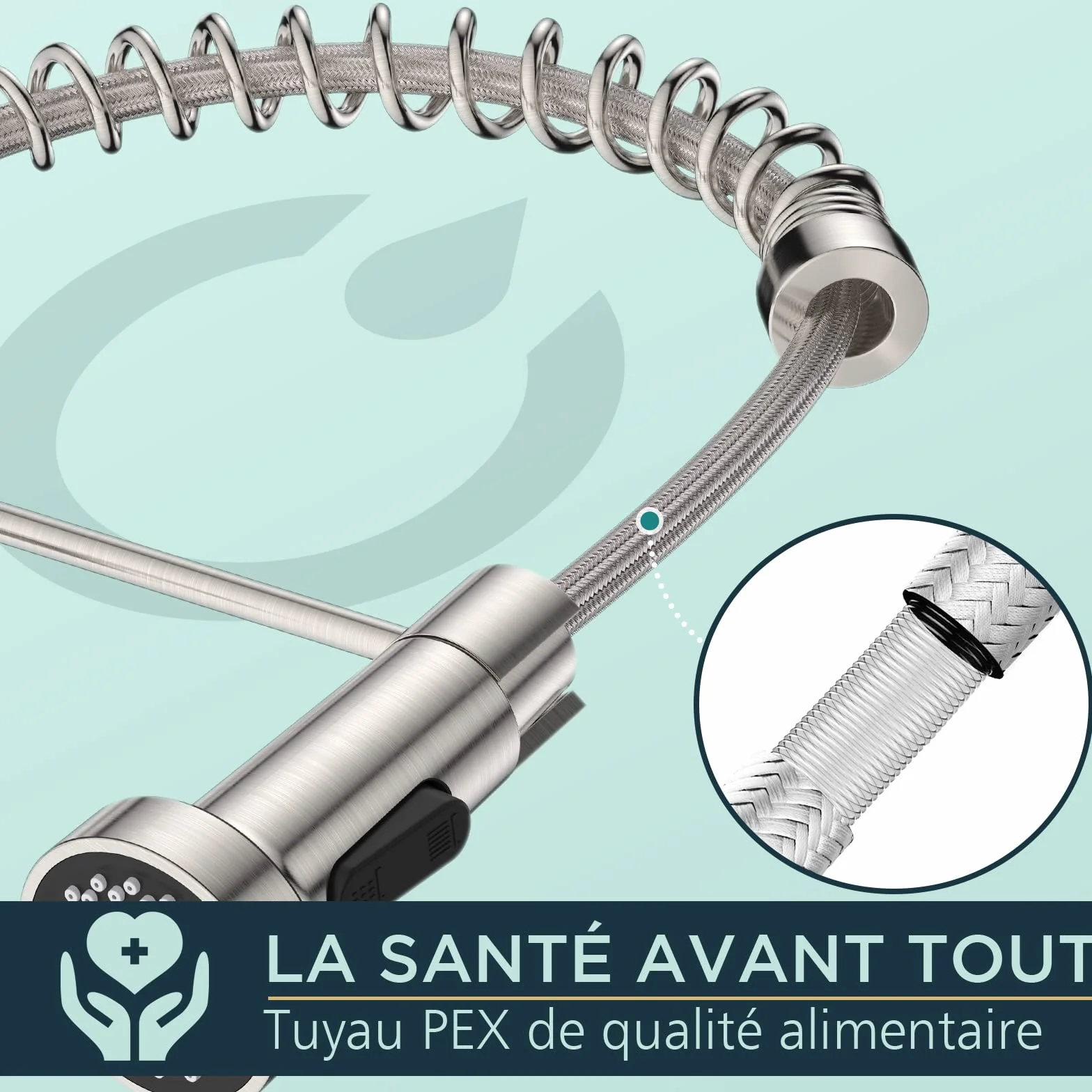 FORIOUS Robinet Cuisine Mitigeur Avec Douchette Pivotant 360° Évier Arc Élevé Pulvérisateur Escamotable 2 Modes Acier Inoxydable