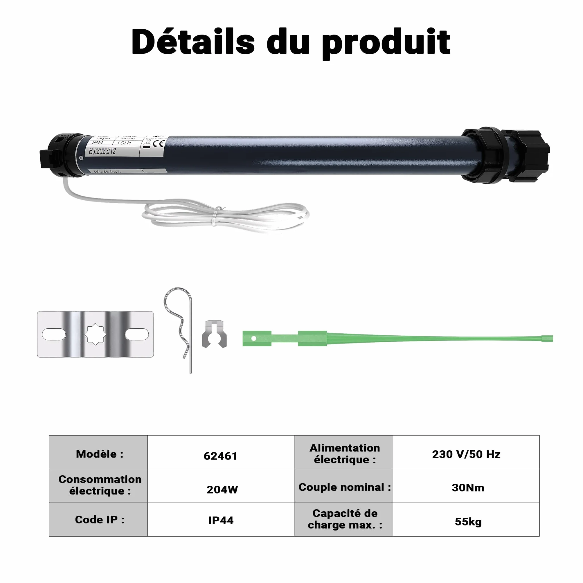 Moteur de volet roulant Wiltec 204 W 30 Nm arbres SW60 IP44