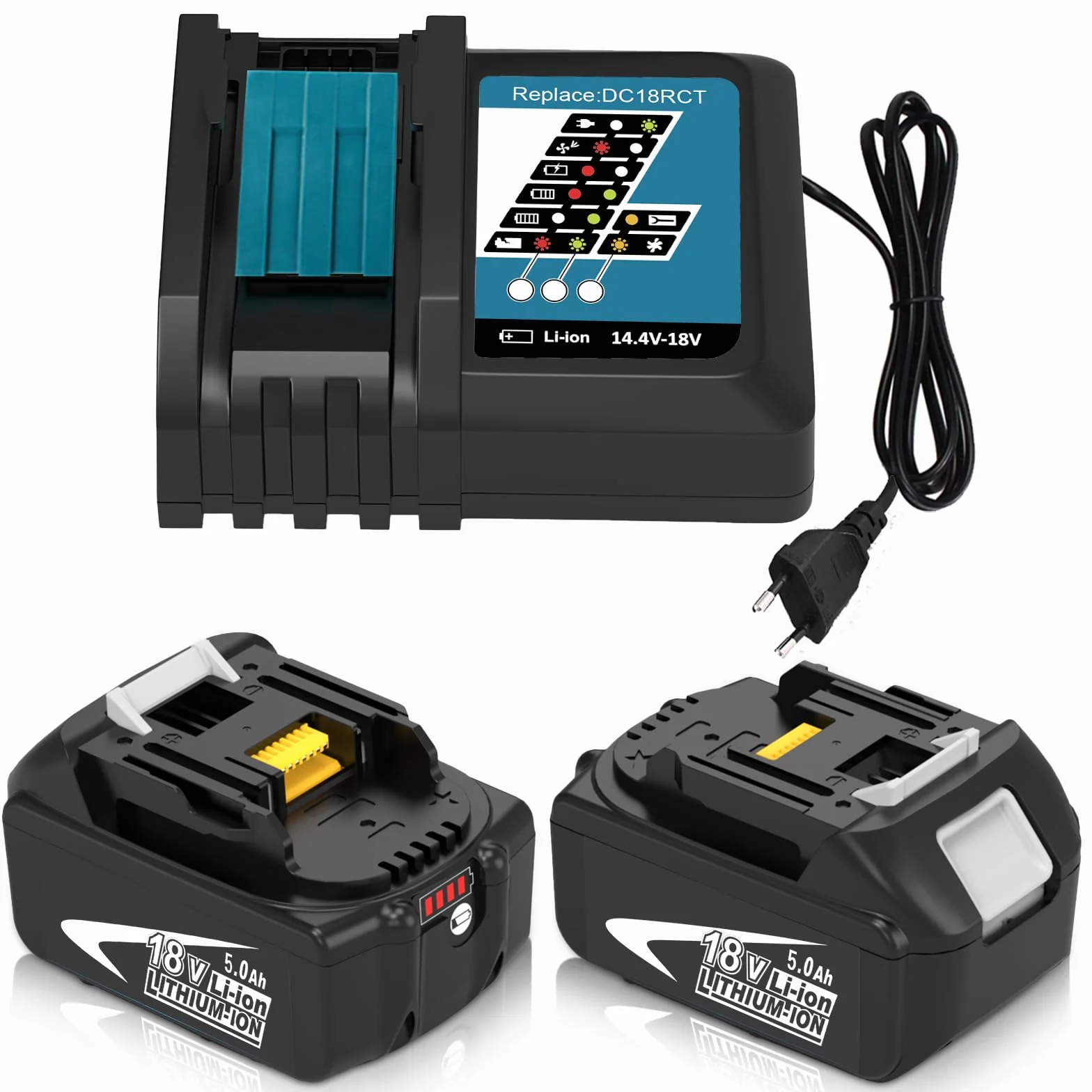 Makita 18V 5000mAh Batterie de Rechange 2 Pièces + 3A Chargeur DC18RCT Compatible BL1830 BL1850 BL1860 BL1840